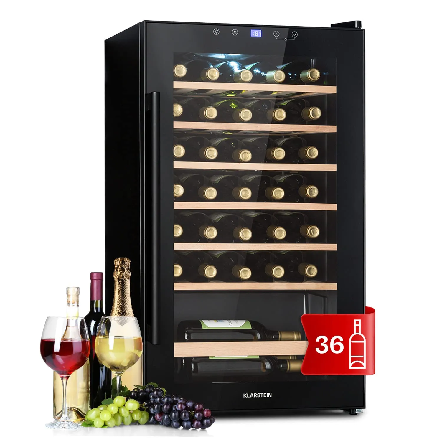 Klarstein Cantinetta Vino, Cantinetta Vino Refrigerata a Zona Singola per Interno/Esterni, Frigo Bar, Cantina Vino con Vetrina, Mini Bar con Protezione UV, Frigo Vino Touch, 4-18°C, 36 Bottiglie