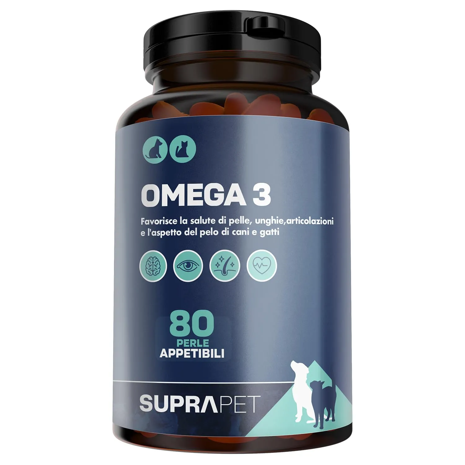 Suprapet Omega 3 per Cani e Gatti Olio di Pesce, EPA, DHA e Vitamina E 80 Perle. Mangime Complementare Naturale per Pelo e Articolazioni (80 unità (Confezione da 1))