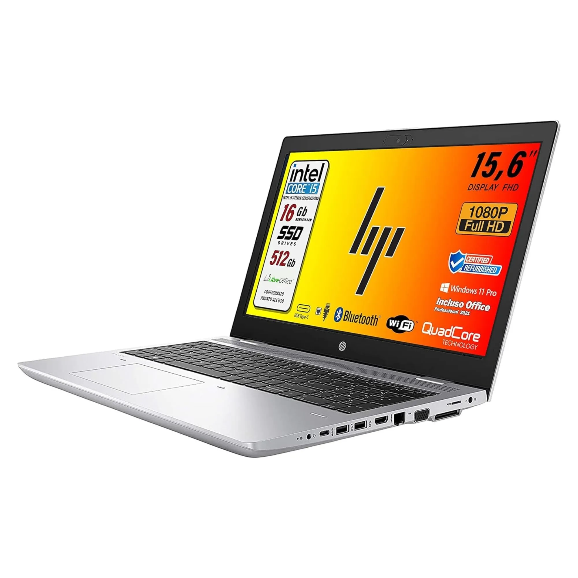 HP ProBook 650 G4 intel i5-8350U Intel Core i5 di 8 gen. 15.6" HD Libre Office, Ram 16GB SSD 512Gb, 3 x usb 3.0, 1 x HDMI, Wi-Fi, W11 (Ricondizionato)