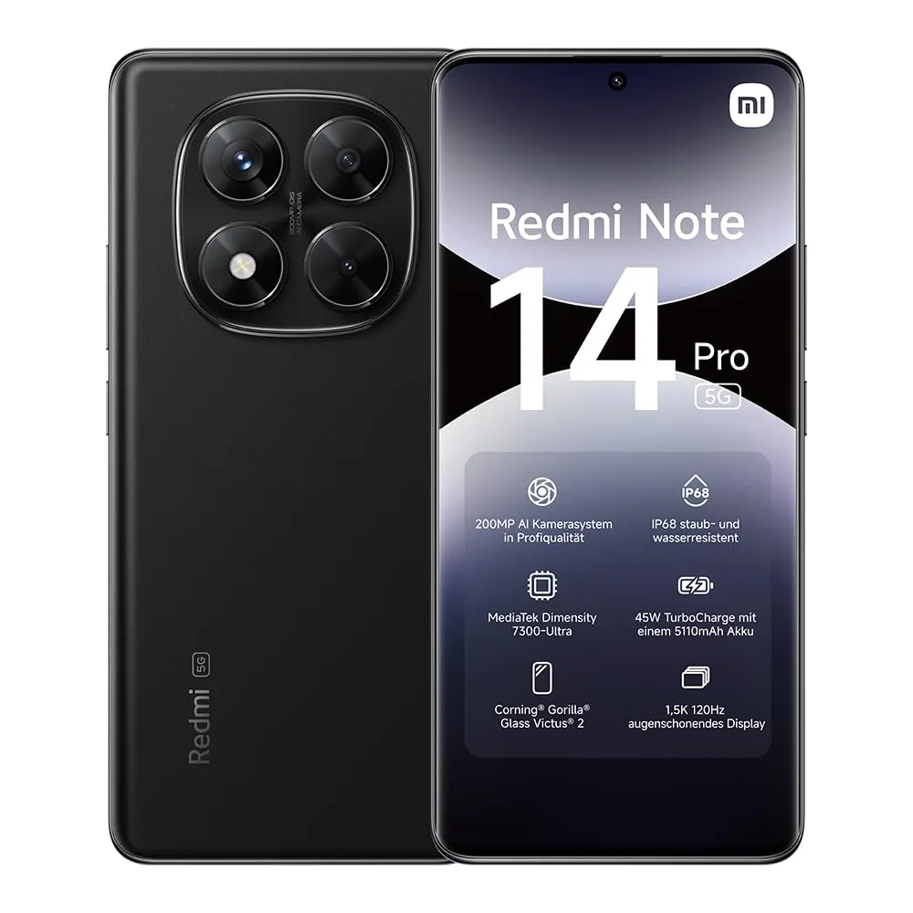 Xiaomi Smartphone Redmi Note 14 Pro 5G, 12+512GB, fotocamera AI da 200MP, IP68, ricarica turbo da 45W con batteria da 5110mAh, funzionalità AI (caricabatterie non incluso), Black