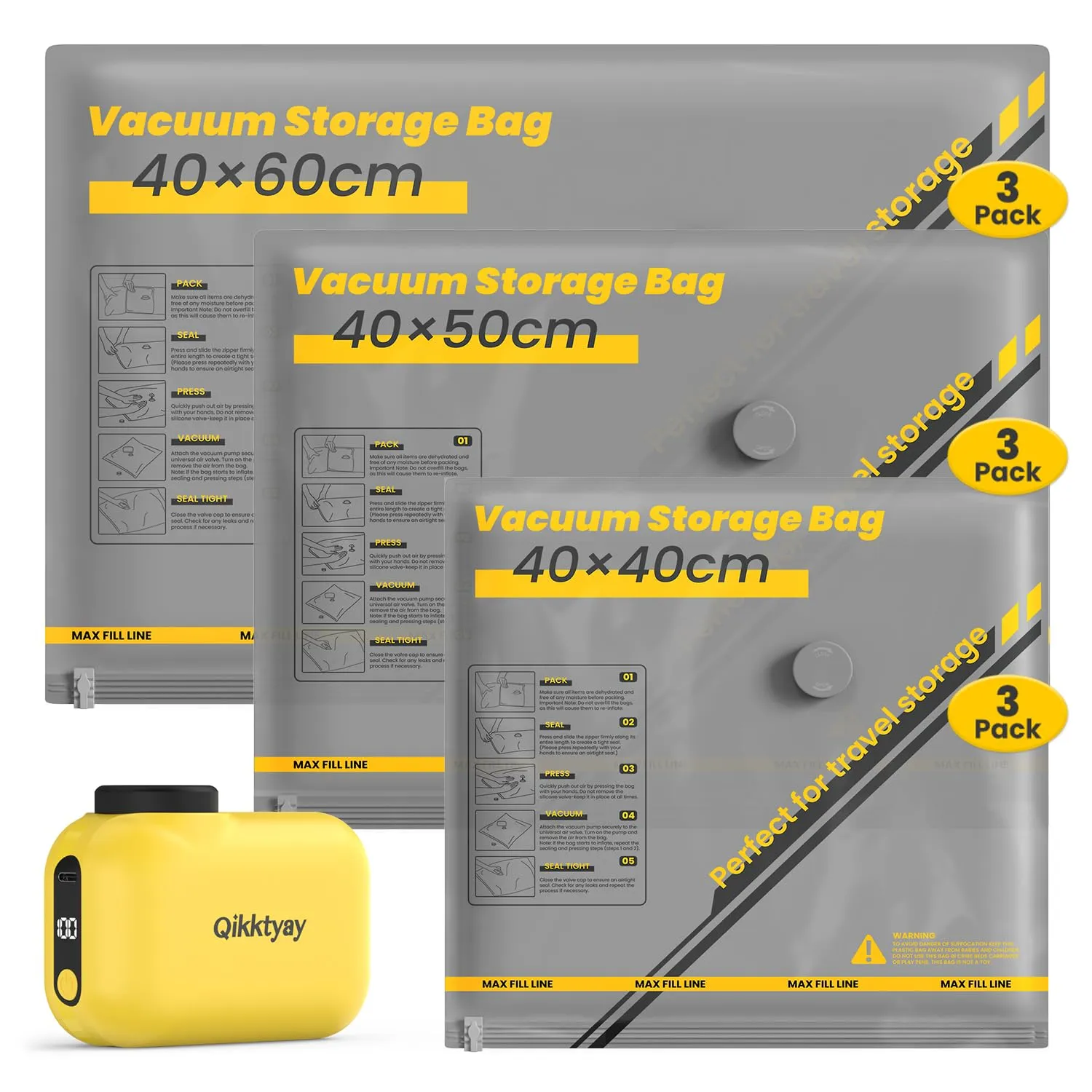 Sacchetti Sottovuoto Vestiti Con Pompa Senza Fili, 9 Pezzi Buste Sottovuoto Vestiti Riutilizzabili (3*40x40cm, 3*40x50cm, 3*40x60cm), Sacchetti Sottovuoto da Viaggio per Deposito Domestico e Viaggio