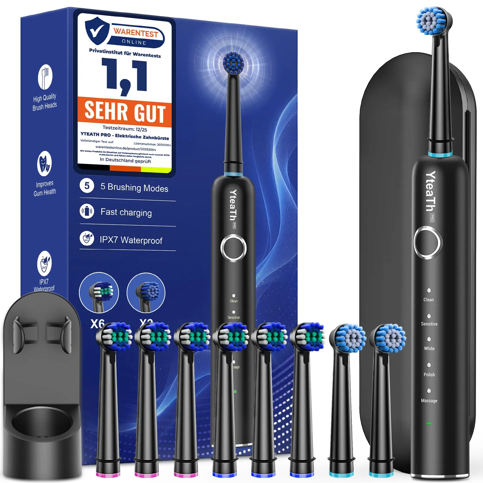 Spazzolino da denti elettrico rotante per adulti, spazzolino da denti rotanti con 8 testine di spazzola, spazzolino da denti elettrico da viaggio, nero opaco, Cepillo de Dientes