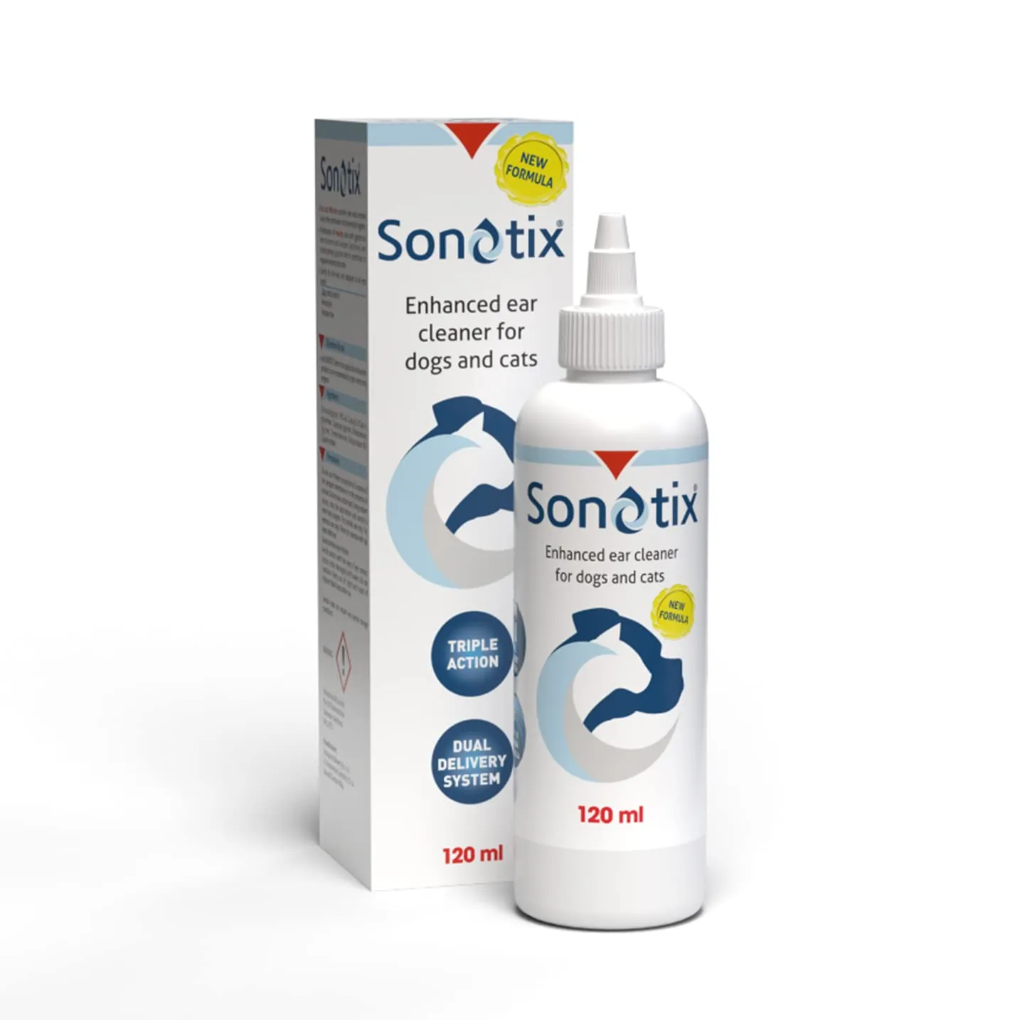 Sonotix Detergente per orecchie a tripla azione per cani e gatti, idrata, riequilibra e pulisce le orecchie, flacone da 120 ml