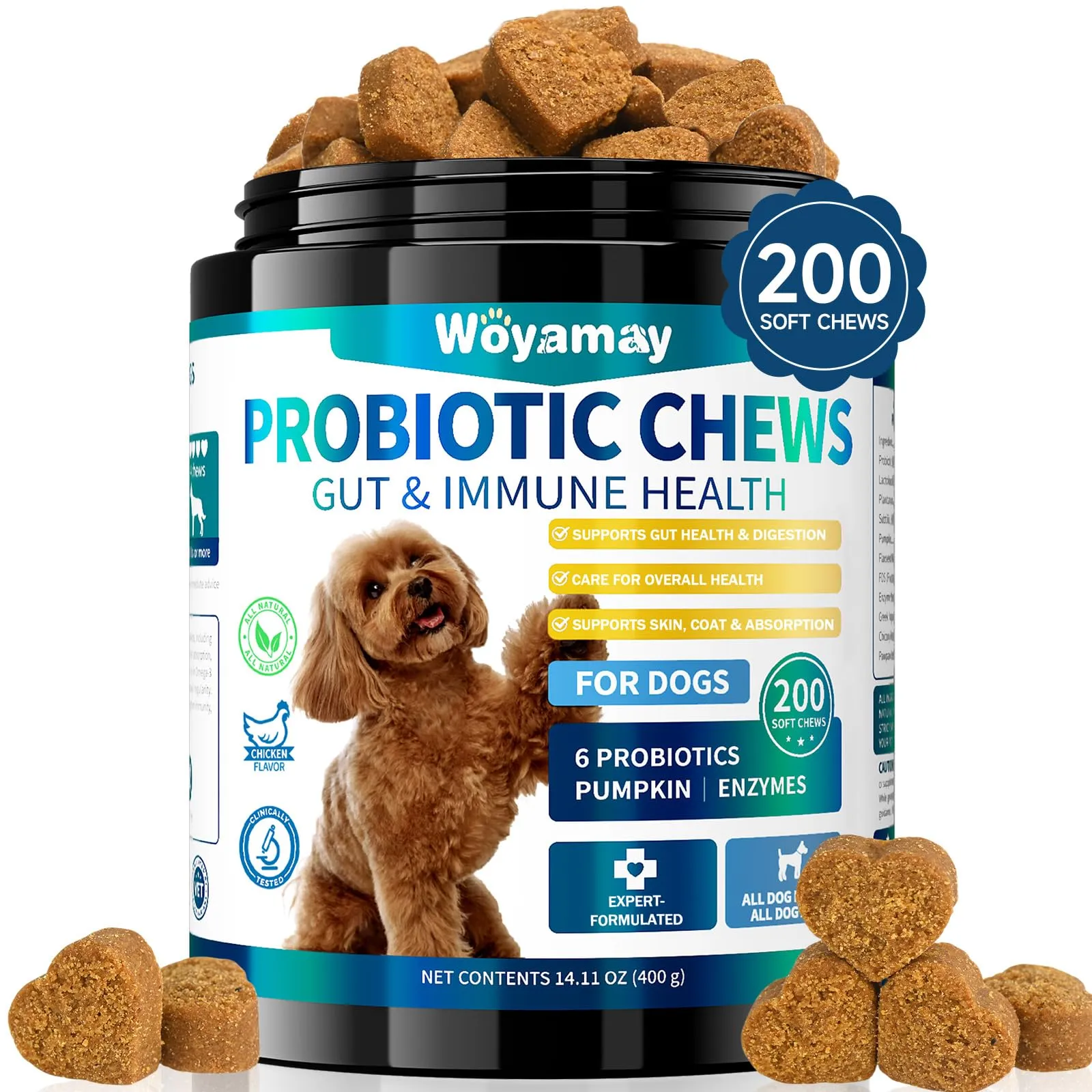 Woyamay Probiotici per Cani, Probiotico Digestivo per Cani, 200 Bocconcini Gusto Pollo, Supporta l'equilibrio Intestinale, Benessere della Pelle, Supporto Digestivo per Tutti i Cane
