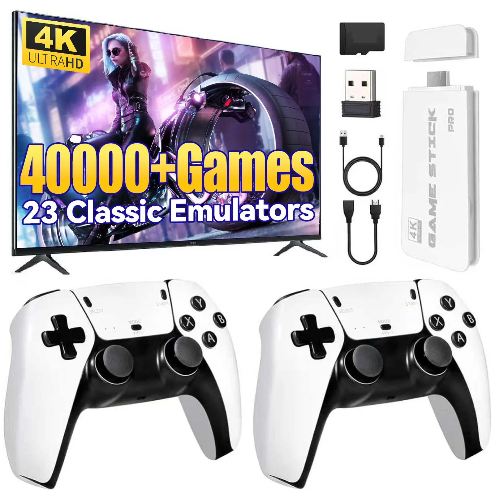 Console di gioco retrò Pro 2025, console per videogiochi HDMI 4K con oltre 40.000 giochi e 23 emulatori, stick per videogiochi plug and play con controller wireless 2.4G dual upgrade (128G)
