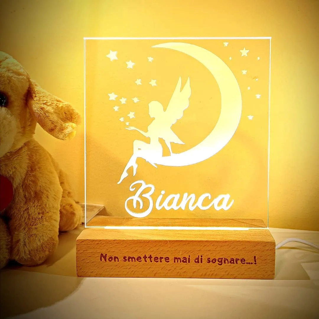 SBUGATTA | Lampada Personalizzata Con Nome | Luce Led 3d Notturna Per Camera Da Letto | Scrivania | Cameretta Bambini | Idee Regalo Per Anniversario | Compleanno |Natale (Luna-Fatina)