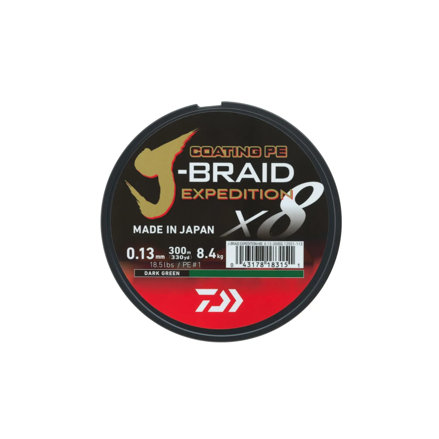 DAIWA J-Braid Expedition X8E, 0,18mm, 12,3kg/27,2lbs, 300m, Dark Green/Verde Scuro, Lenza Intrecciata, 12551-118