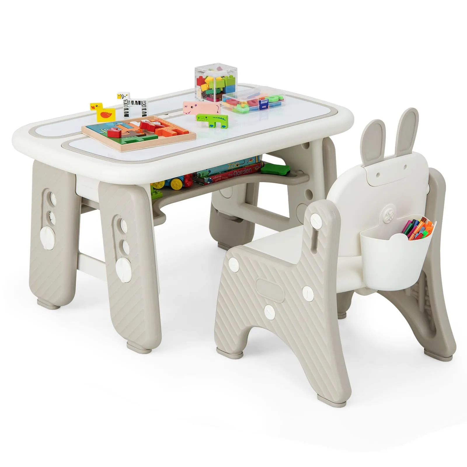 COSTWAY Set Tavolo e Sedia per Bambini, Tavolo e Sedia per Bambini con Mensola Ribaltabile, Lavagna Magnetica Cancellabile, Altezza Regolabile, per Camera da Letto, Sala, Giochi per Bambini