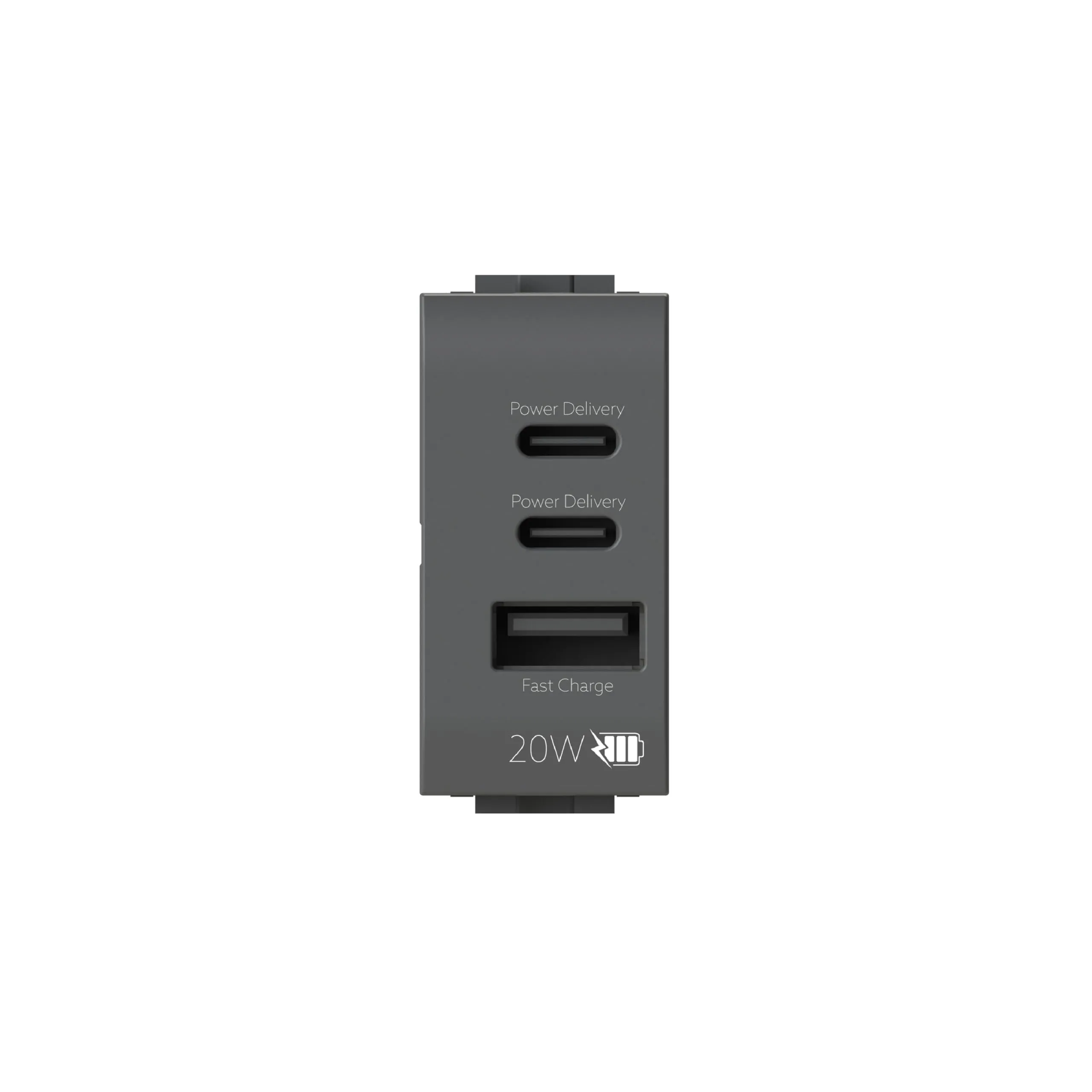 4box - Alimentatore USB CCA 20W compatibile Bticino® LivingLight™, per caricare i tuoi dispositivi senza bisogno di alimentatori. 3 connettori: due di tipo C e uno di tipo A. Colore Antracite