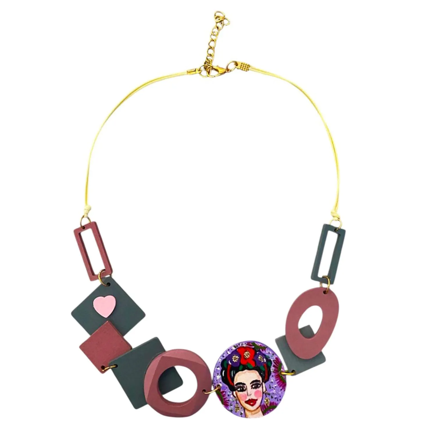 Collana pendente dipinta a mano con fiori e cuore - MI AMOR! Omaggio a Frida - Collana con ciondolo dipinto a mano, medaglia in legno dipinta a mano, Gioiello elegante in legno interamente dipinto