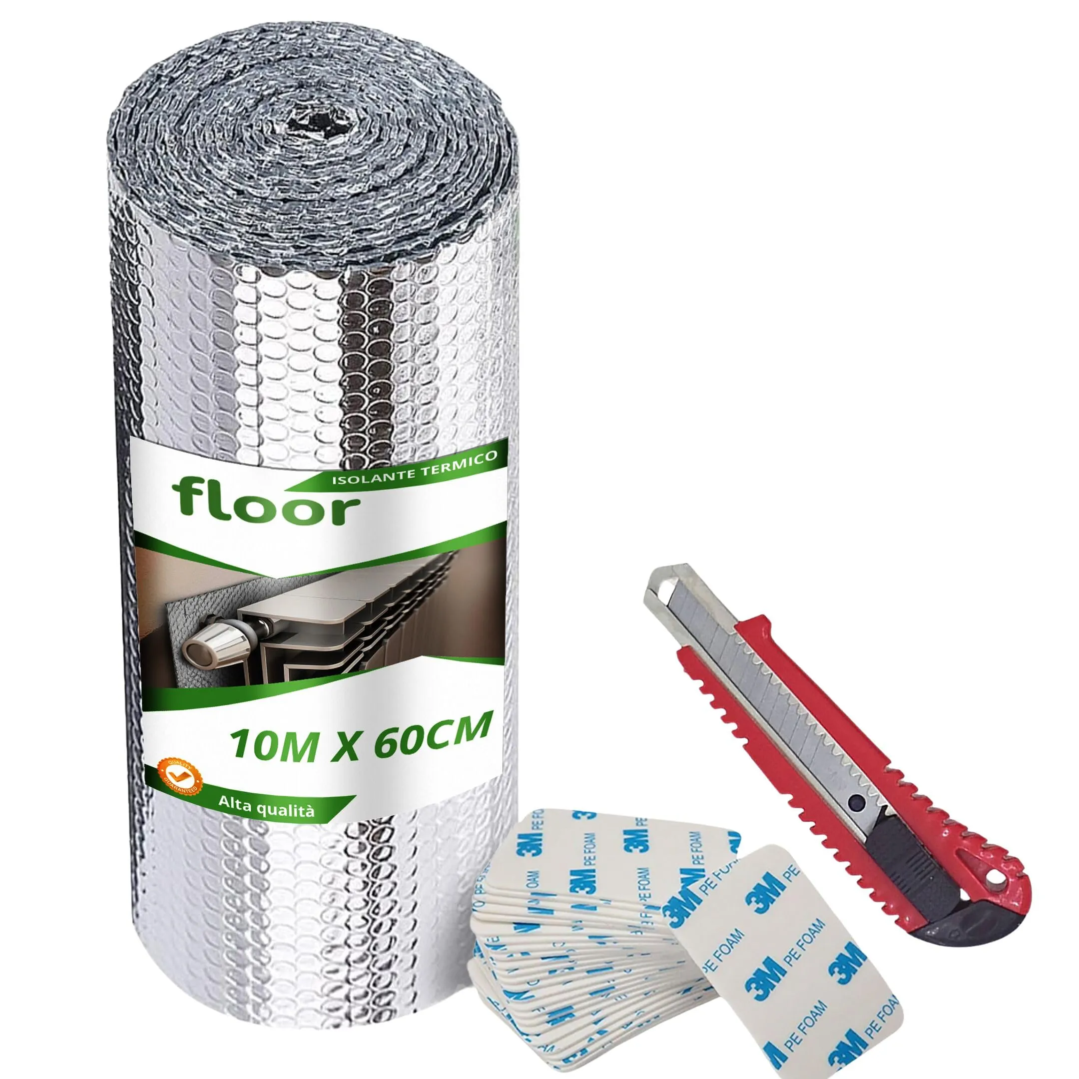 Floor | Pannelli Termoriflettenti per Termosifoni 10 m x 60 cm con 2 Omaggi ! | Pannello Isolante Termico riflettenti per Caloriferi, Finestre, Camping, Automobili | Protegge da Freddo, Caldo e Luce
