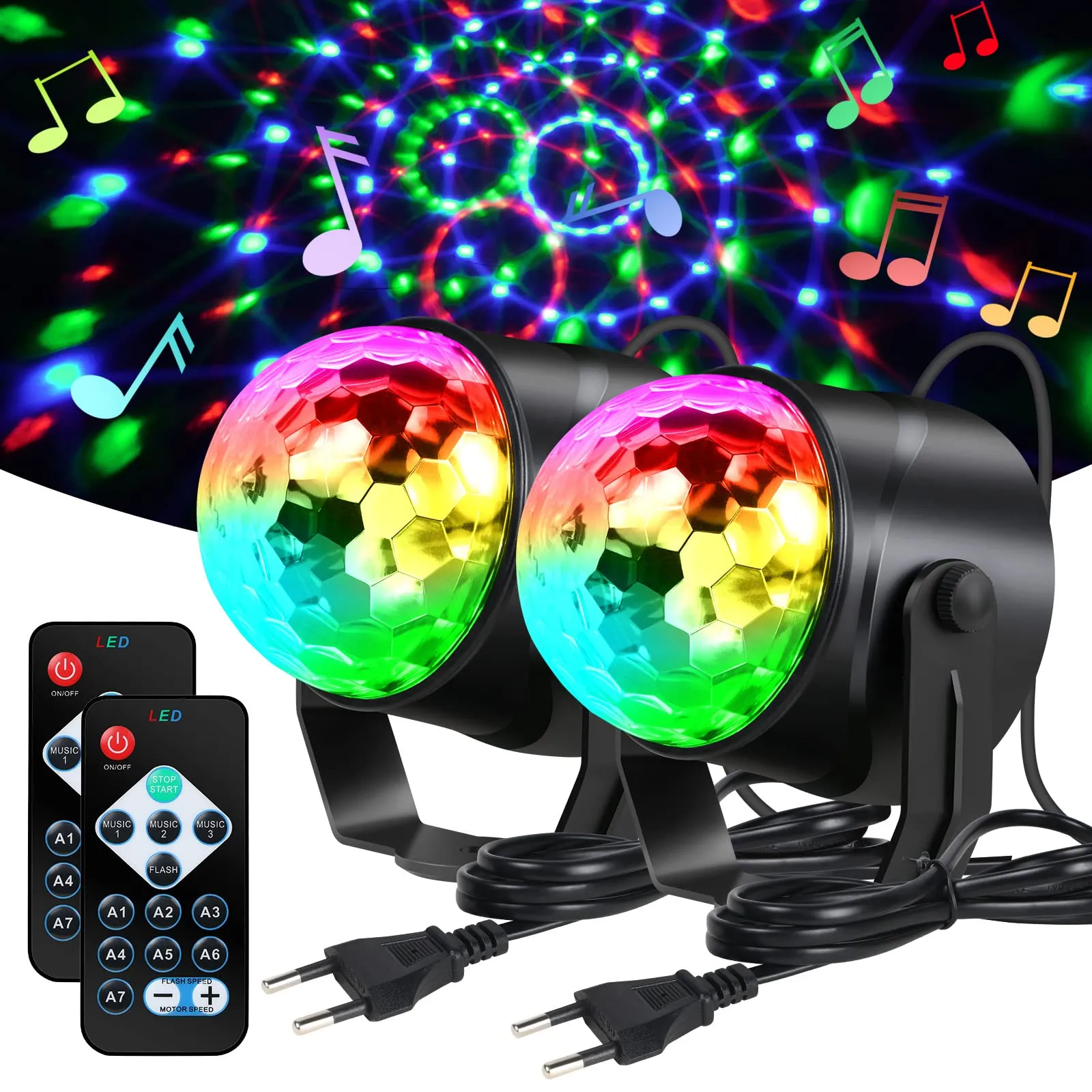 URAQT Luci Discoteca LED, 360 ° Ruotabile Musica Attivata Telecomando Luci da Festa, 7 RGBP Colori Fari per Illuminazione Palco per Natale, Bar, Club, Festa, Riunione di Famiglia (2 Pezzi)