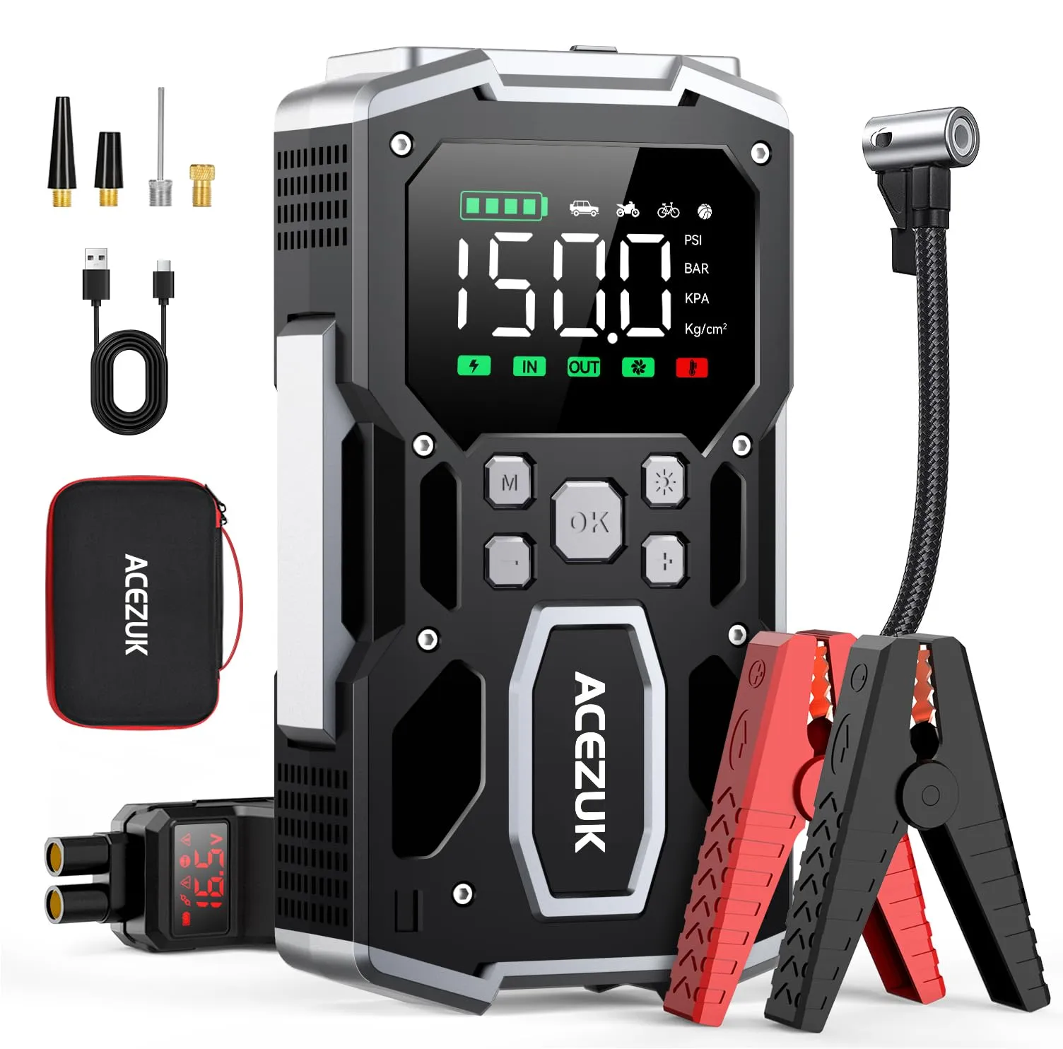 ACEZUK Avviatore Batteria Auto,7000A & 150PSI Avviatore di Emergenza per Auto con Compressore Aria Portatile (All Gas or 10.0L Diesel) 12V Jump Start,2 Luci/ 3.4" LCD Display