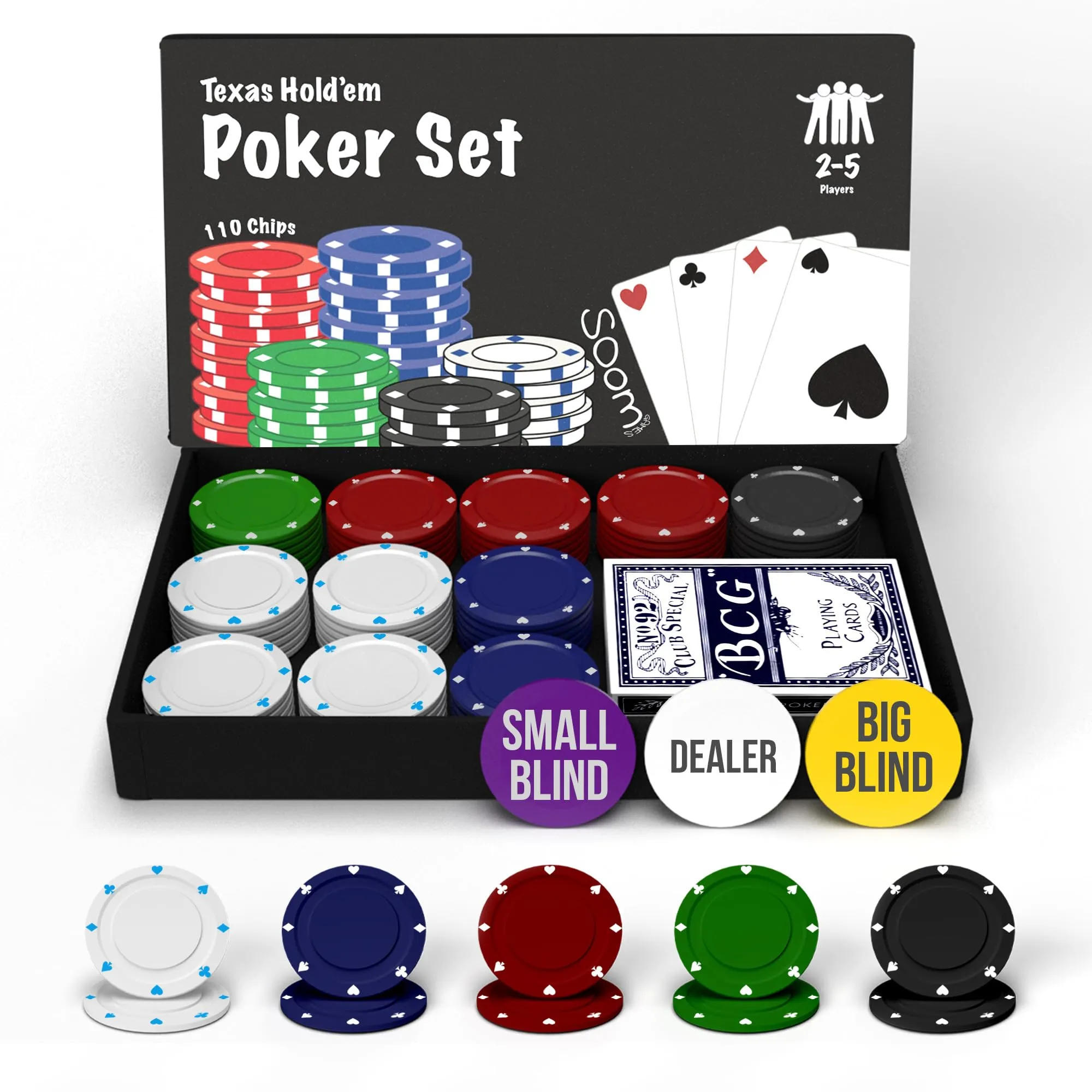 Soom Games - Set Poker per 2-4 Giocatori, Include 110 Chips, Pulsanti Big Blind e Small Blind, Pulsante Dealer, Carte da Gioco per Texas Holdem, Kit Poker Completo