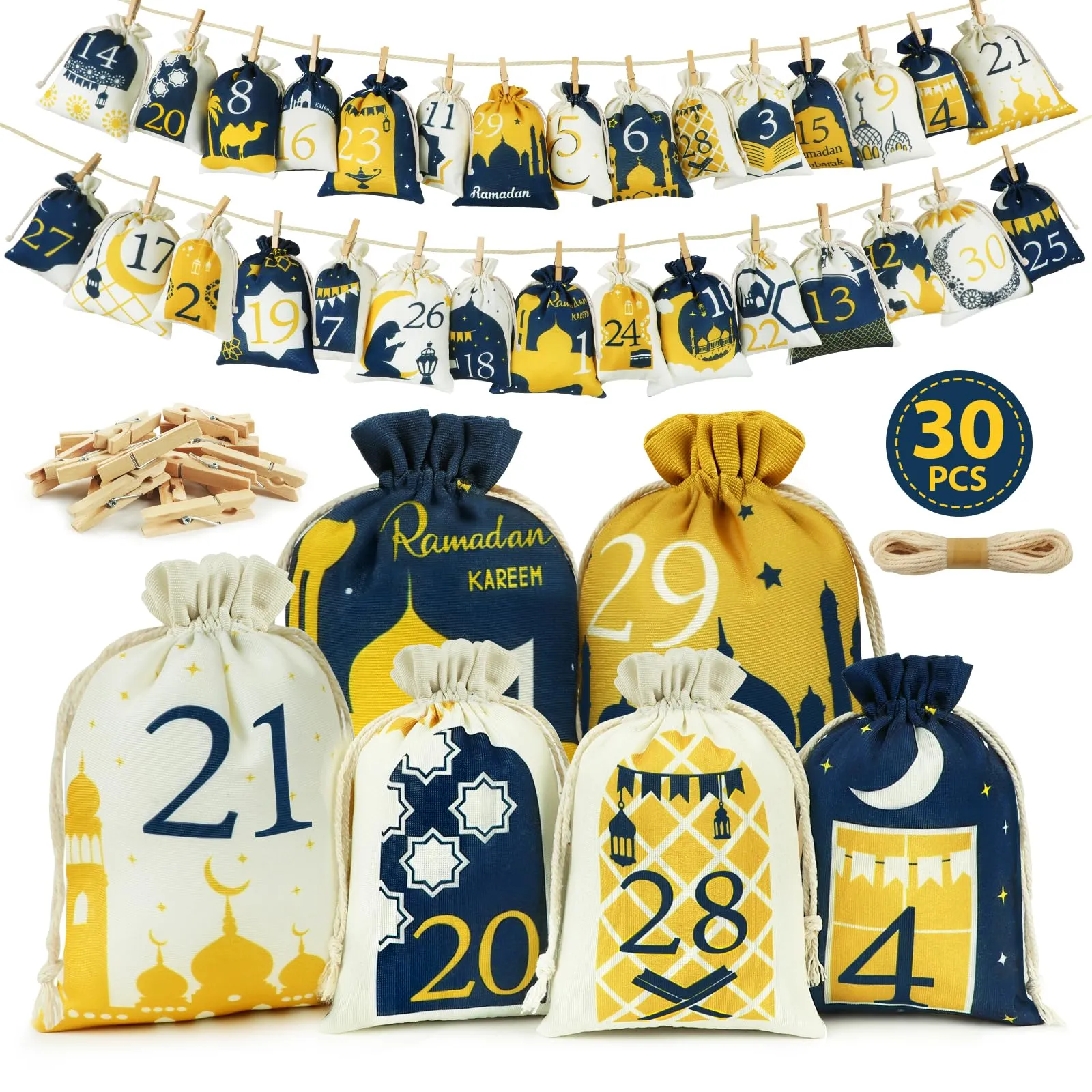Calendario Ramadan 2026,30 calendari Ramadan da riempire in tessuto, 2 misure, sacchetti per calendario dell'avvento Ramazan per bambini,decorazione Ramadan,riempito con calendario Eid Mubarak