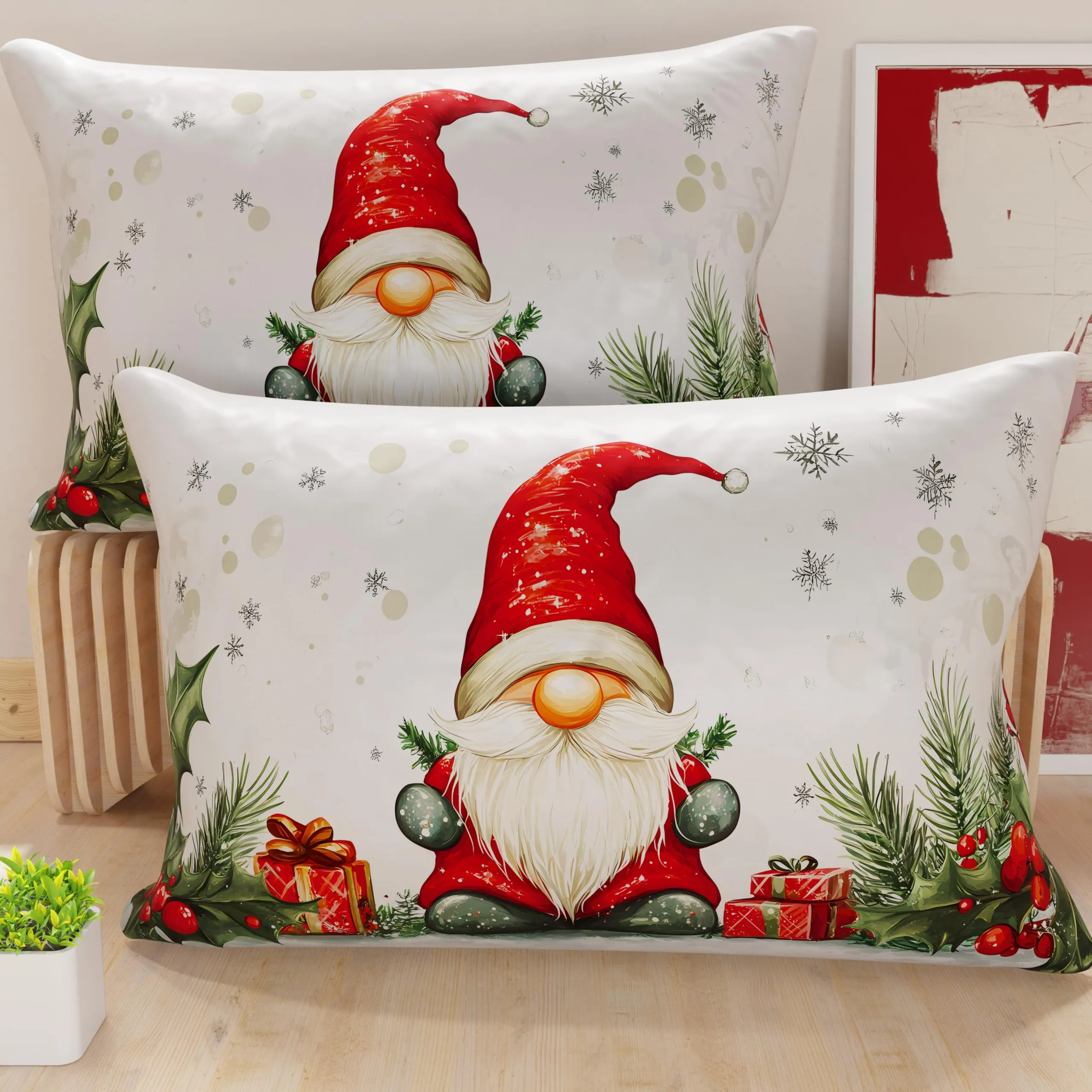 PETTI Artigiani Italiani - Coppia di Federe Cuscino 50x80 cm in Microfibra, Federe Natalizie, Cuscini Arredo di Natale Camera da Letto, Divano, Salotto, Set 2 Fodere Copricuscino, Federa Gnomo 01
