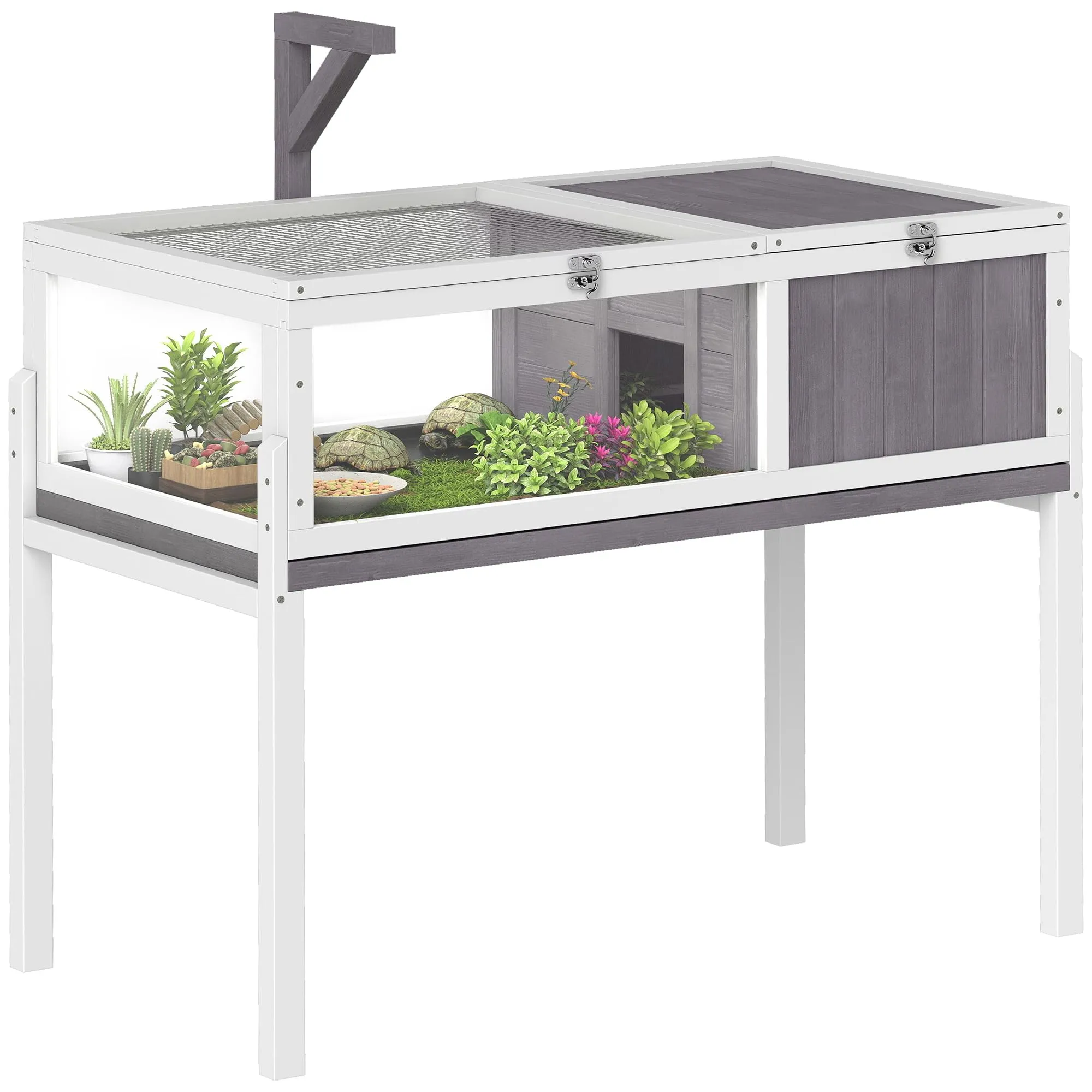 PawHut Casetta Tartarughe Rialzata con Divisorio, Vassoio Estraibile e 2 Coperchi, Tartarughiera in Legno di Abete e PS, 104x53x82 cm, Grigio e Bianco