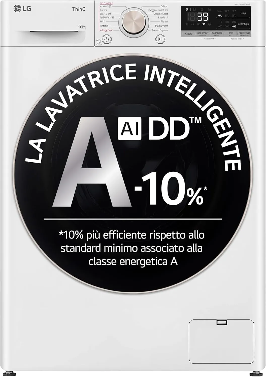 LG AI DD F4R7010TSWG Lavatrice 10 kg Classe A -10%, 1400 Giri, Carica Frontale con Oblò in Vetro Temperato, Funzione TurboWash 360, Vapore su 7 Programmi, Wi-Fi, Libera installazione, Serie R7, Bianca