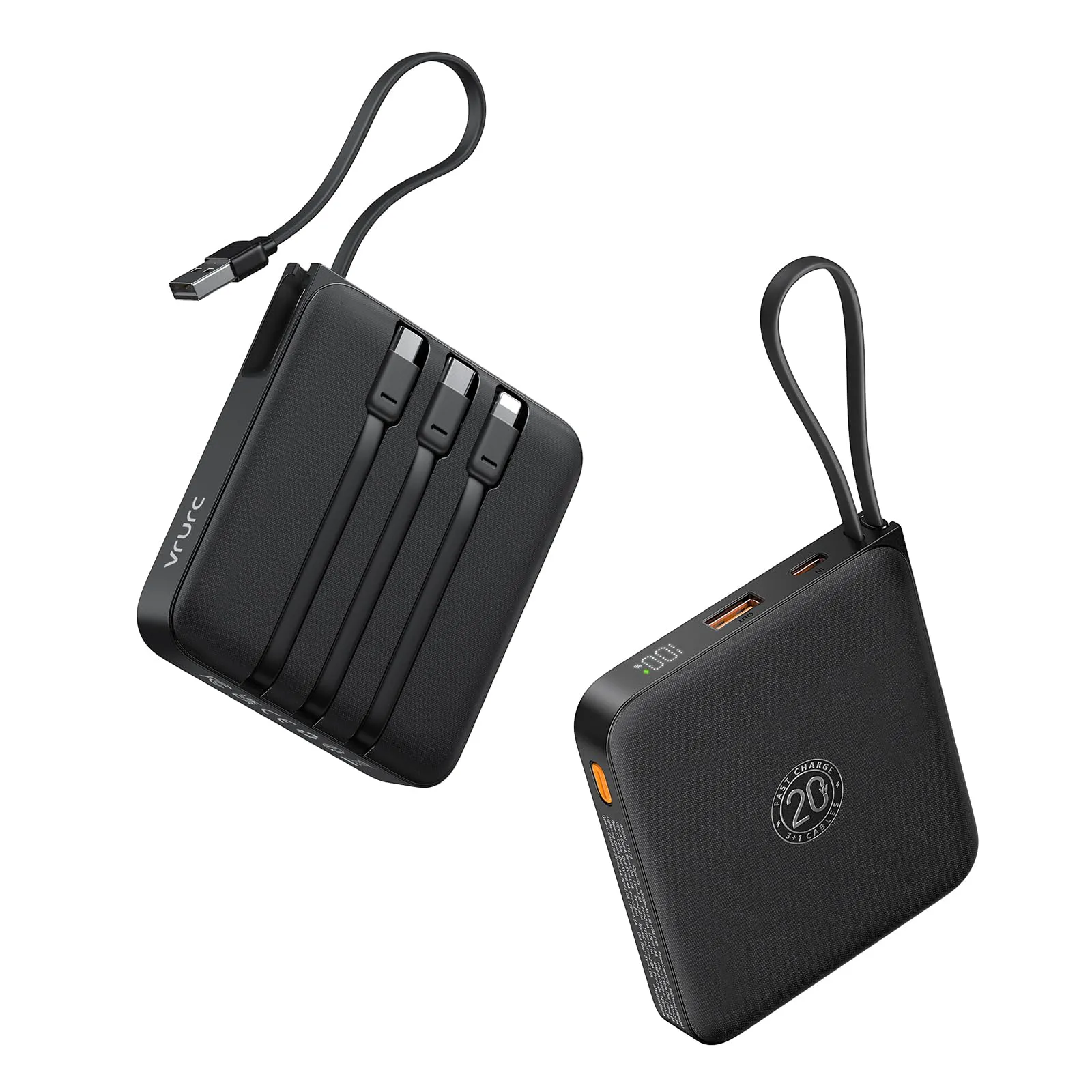 VRURC Power Bank 20000mAh, Power bank con Cavi Integrati, 22.5W Batteria USB C a Carica Rapida, Display LED per iPhone 15 14 iPad Samsung Galaxy S23 Google Android Phone - Nero