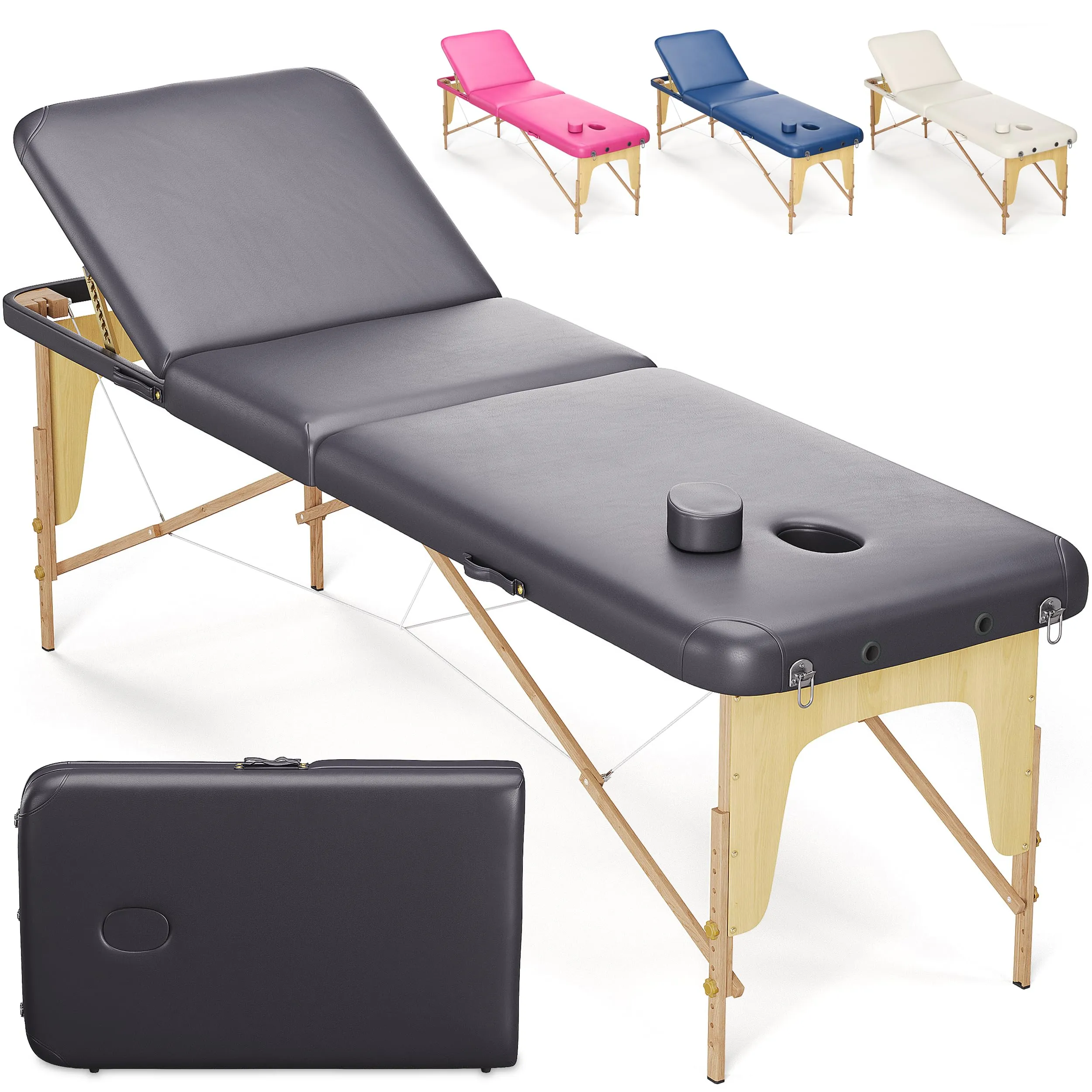 Beltom® Lettino Da Massaggio Basic 3 Zone In Legno Portatile Pesa Solo 12,8 Kg Richiudibile + Pannello Reiki + Angoli Arrotondati E Rinforzati - Fisioterapia Estetista Tattoo Tatuaggi - Nero