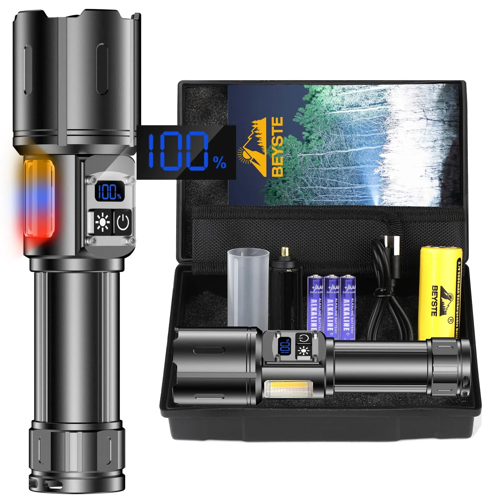 BEYSTE Torcia LED Potente Professionale 500000 Lumens, Torcia LED Ricaricabile USB C, Torce LED Alta Potenza Ricaricabili, 9 Modalità, Con Luce Laterale COB, Per Campeggio Trekking Emergenza