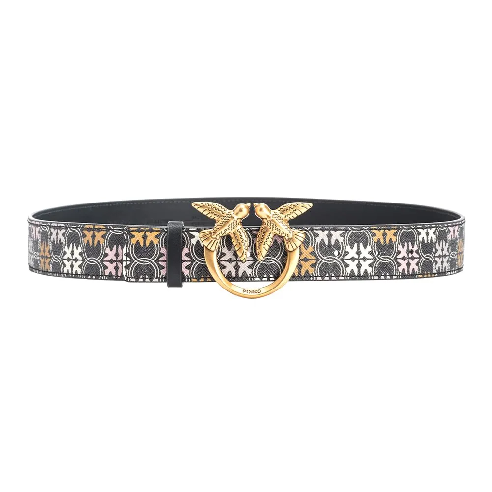 Pinko Love Berry H3 Belt PVC Stampa Logo Cintura, ZM7Q_Nero/Marrone/Bianco.Antique Go, XS Donna