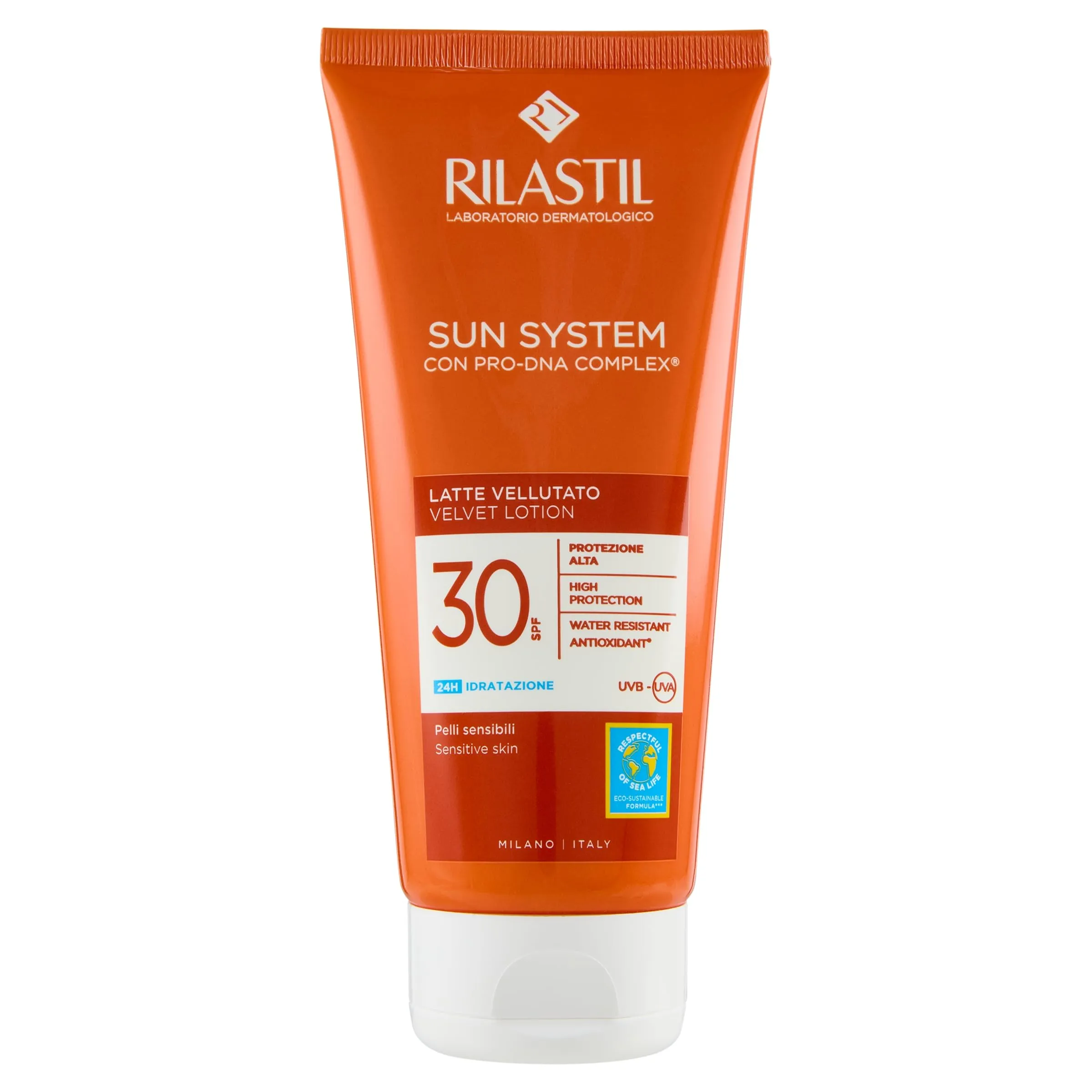 Rilastil Sun System Latte Vellutato, Emulsione Fluida dalla Texture Vellutata per Pelli Sensibili, Resistente all'Acqua, SPF 30, 200ml