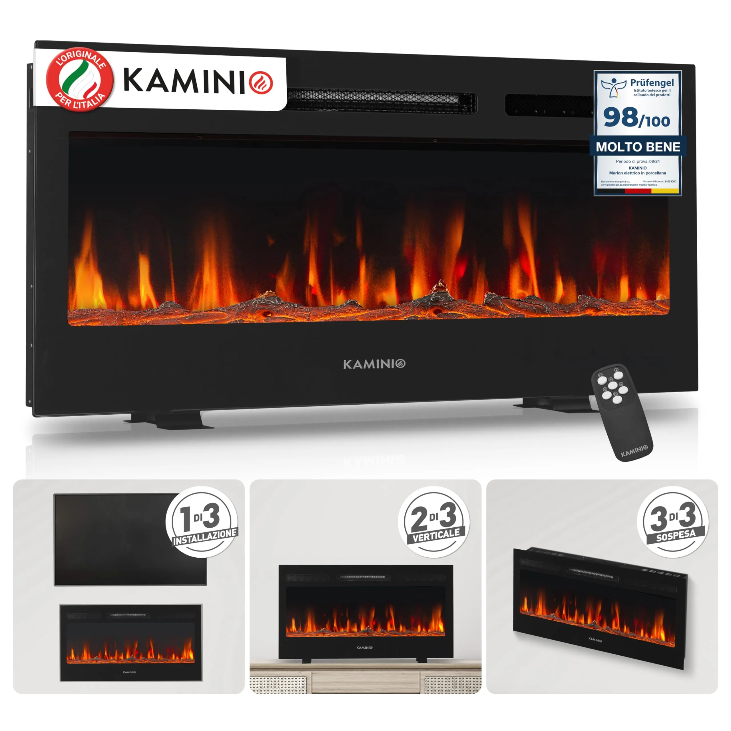 KAMINIO Camino elettrico MARLON - Caminetto elettrico 3-in-1 con riscaldamento, effetto fiamma 3D, 12 colori di fiamma, telecomando (36 pollici)