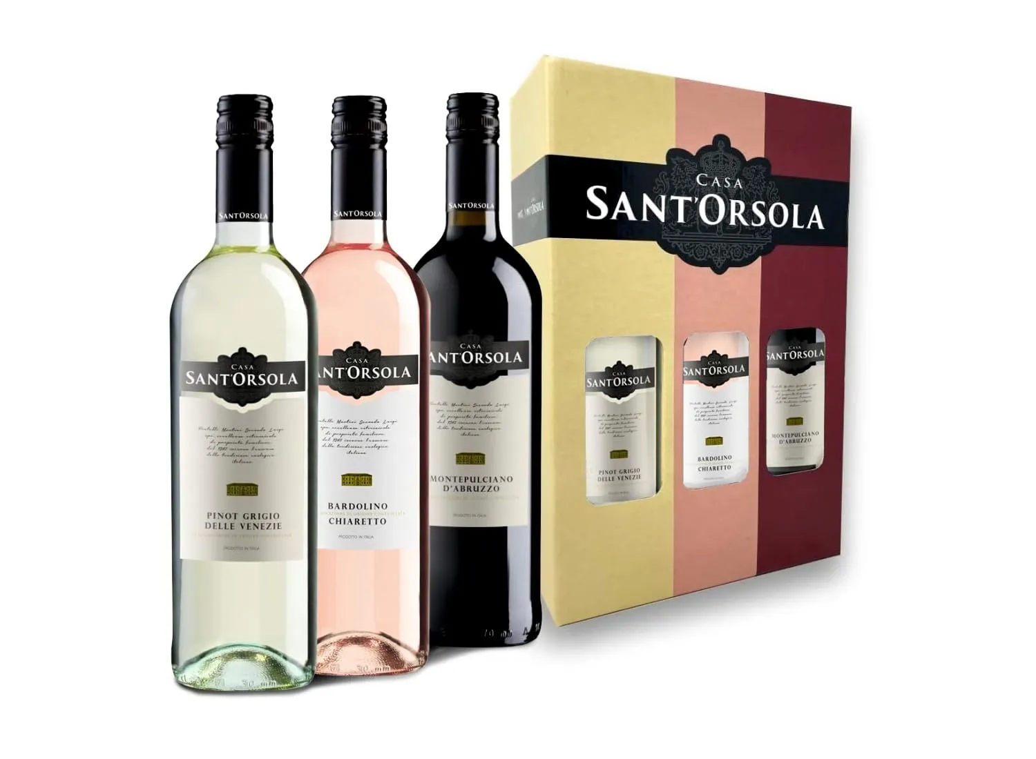 Sant'Orsola - Vino in Confezione Regalo, Pinot Grigio D.O.C. delle Venezie, Bardolino DOC Chiaretto, Montepulciano d'Abruzzo D.O.C., Gusto Armonico, 3x750 ml