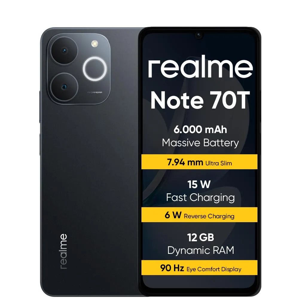 realme Note 70T Smartphone 4+256 GB, Batteria da 6.000 mAh, Ricarica rapida da 15W con carica inversa da 6W, 24 GB di RAM dinamica, Display con comfort visivo da 90 Hz, Black