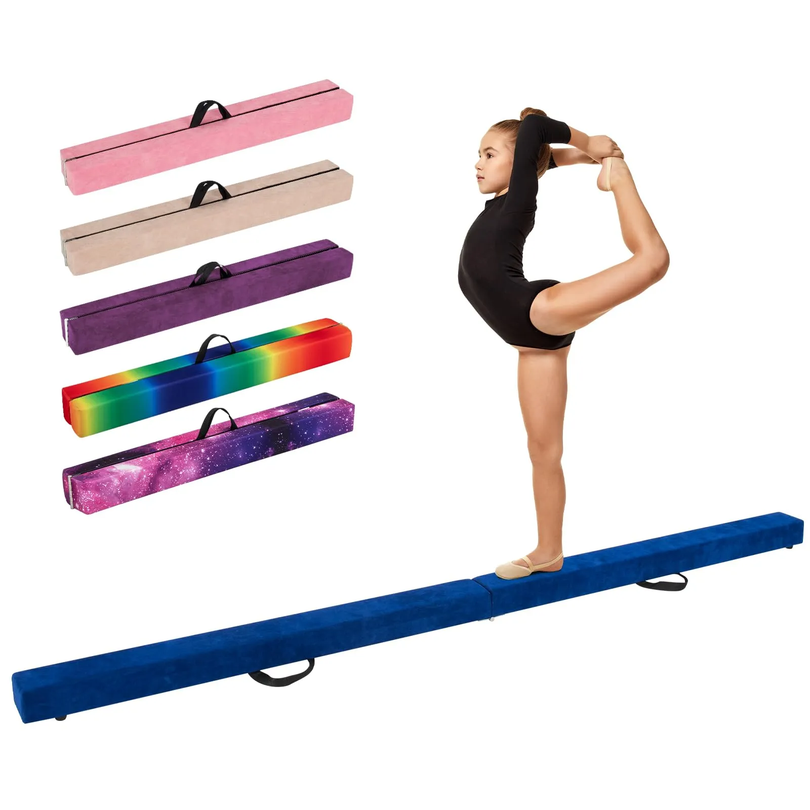 COSTWAY Trave Ginnastica Artistica per Casa 210/240/270 cm, Trave Pieghevole per Bambini con Maniglia, Base in Legno e Fondo Antiscivolo, Trave di Equilibrio da Pavimento (270 cm,Blu)