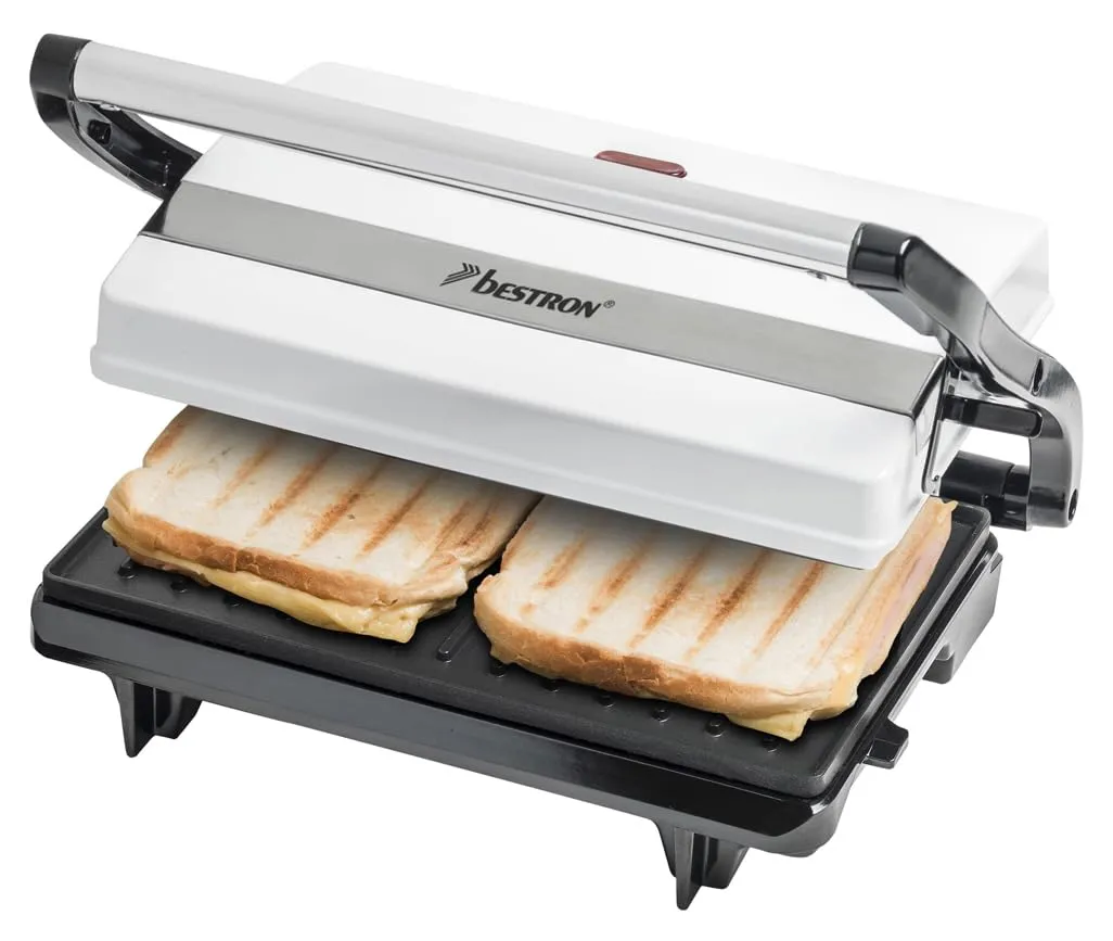 Bestron Piastra Tostapane, Griglia per panini con vassoio di raccolta, macchina per panini con impugnatura cool-touch e rivestimento antiaderente, 700 watt, Colore: Bianco
