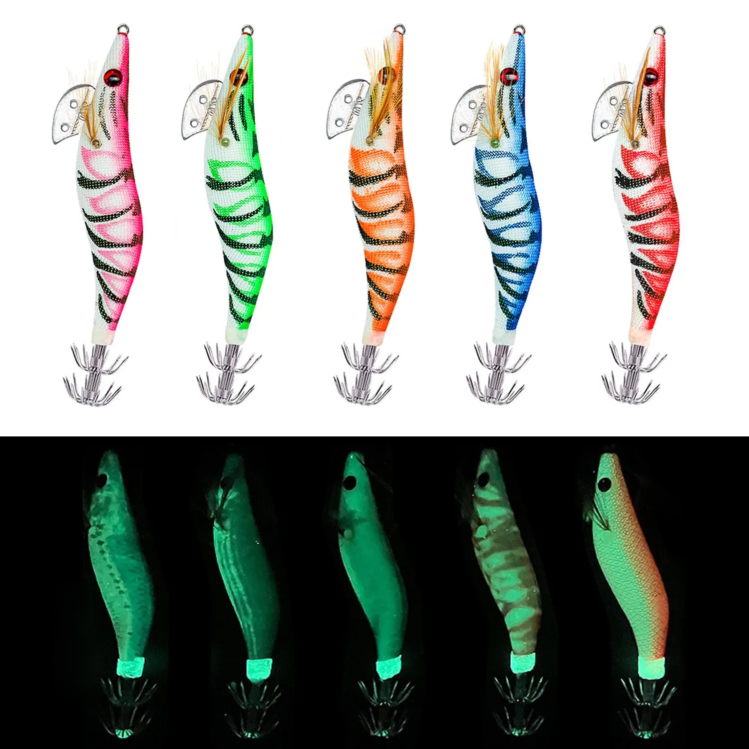 5 Colori Set di Esche per Gamberetti da Pesca, Esche Luminose Pesca Seppie, Ami per Calamari Illuminati, Esche per Gamberetti di Simulazione Esche per Calamari aragoste per La Pesca All'aper