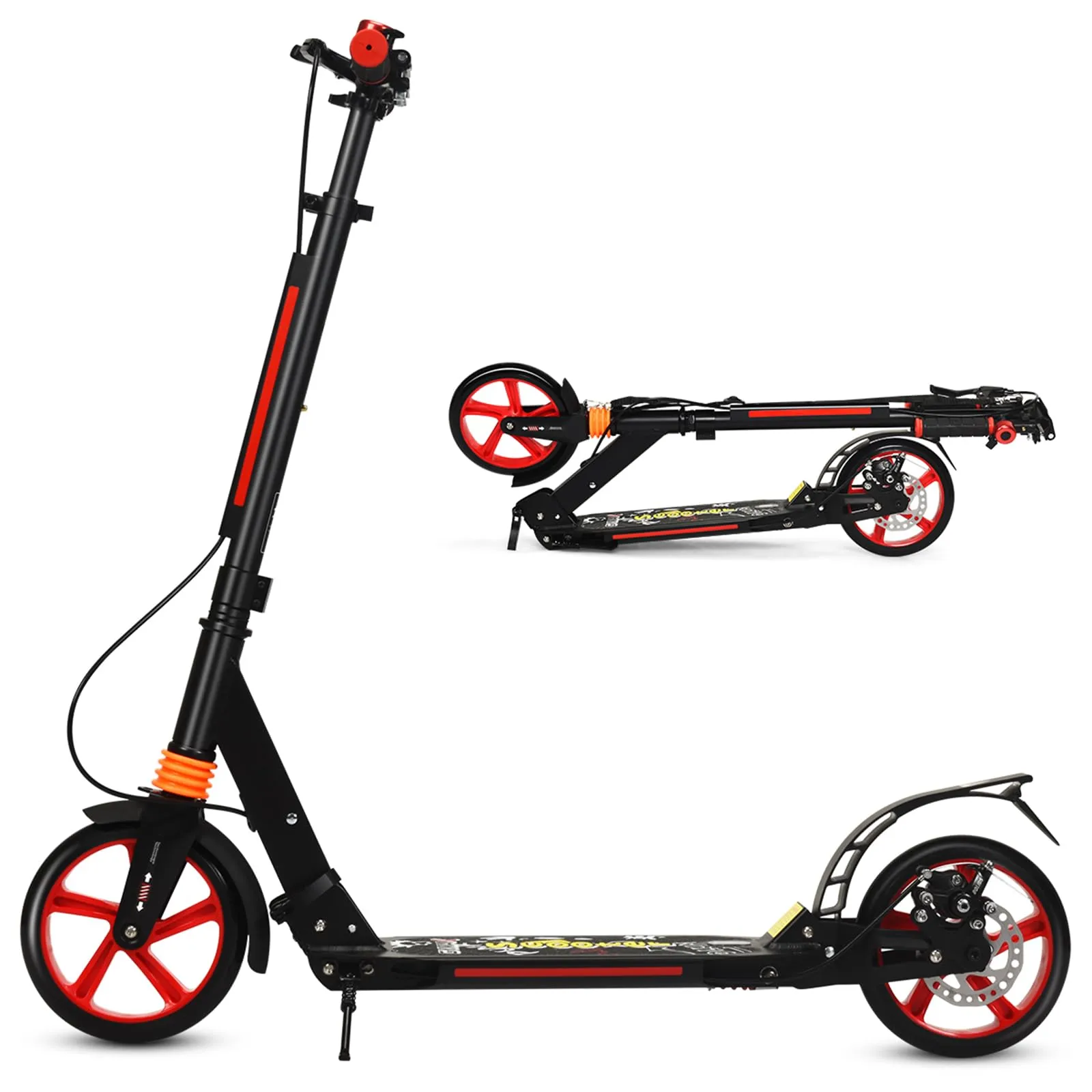 COSTWAY Monopattino Bambini e Adulti, Monopattino a Spinta Pieghevole e Regolabile in 3 Altezze, Monopattino Portatile con 2 Ruote, Cavalletto, Freno e Pedale Antiscivolo, Portata 100 kg (Nero)