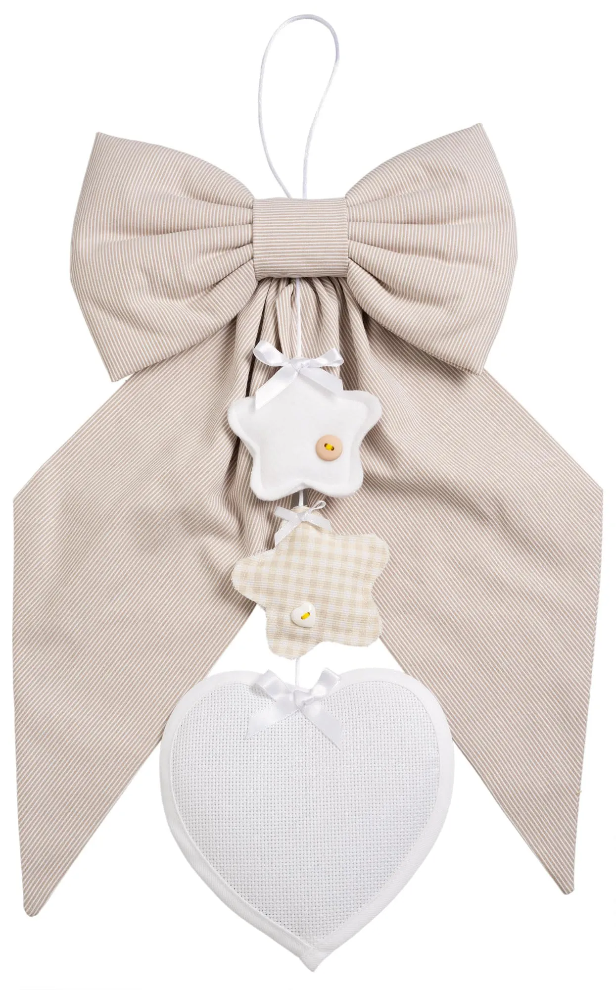 Filet - Fiocco Nascita da Ricamare in Tessuto a Righe Beige con Stelline Pendenti e Cuore in Tela Aida, Ideale per Annunciare la Nascita di un Neonato, Made in Italy