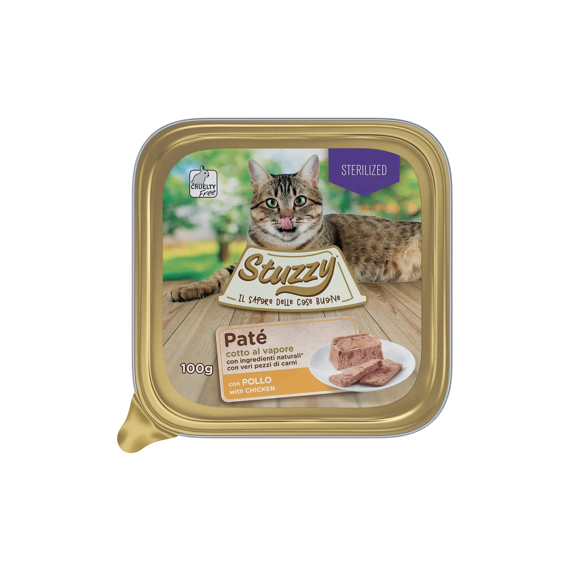 Stuzzy, Cibo Umido per Gatti Adulti Sterilizzati al Gusto Pollo, Linea Paté e Carni in Pezzi - Totale 3,2Kg (32 Vaschette da 100G)