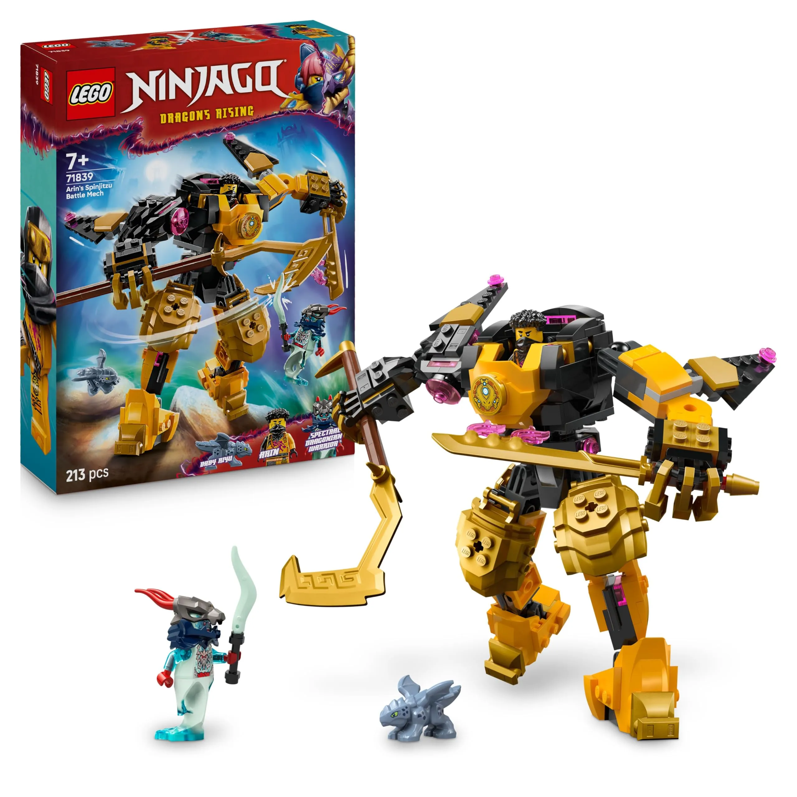 LEGO NINJAGO Battle Mech Spinjitzu di Arin - Action Figure Snodabile con Parti Scambiabili, Drago Giocattolo Baby Riyu e 2 Minifigure - Regalo per Bambini da 7 Anni Fan di La Rivolta dei Draghi 71839