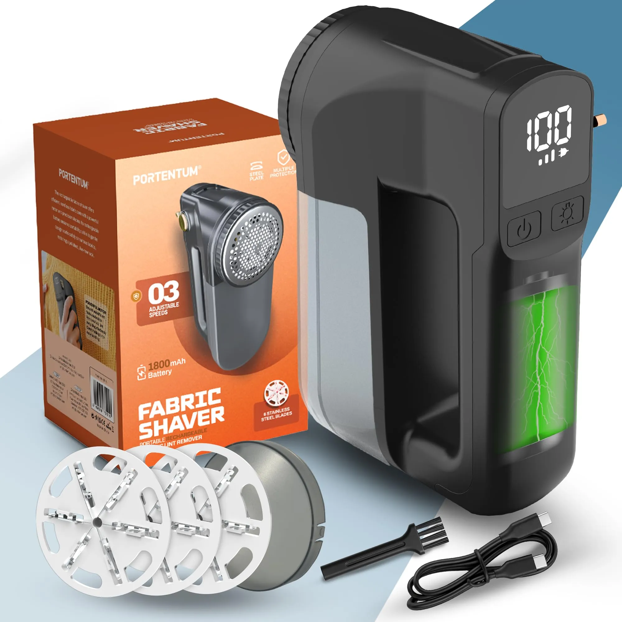 PORTENTUM Levapelucchi Elettrico con Luce LED – Display Digitale, 3 Velocità fino a 9.000 RPM, Lama a 6 Foglie, Grande Serbatoio, Togli Pelucchi per Abiti e Casa Ricaricabile USB C, Potenza Reale 15W