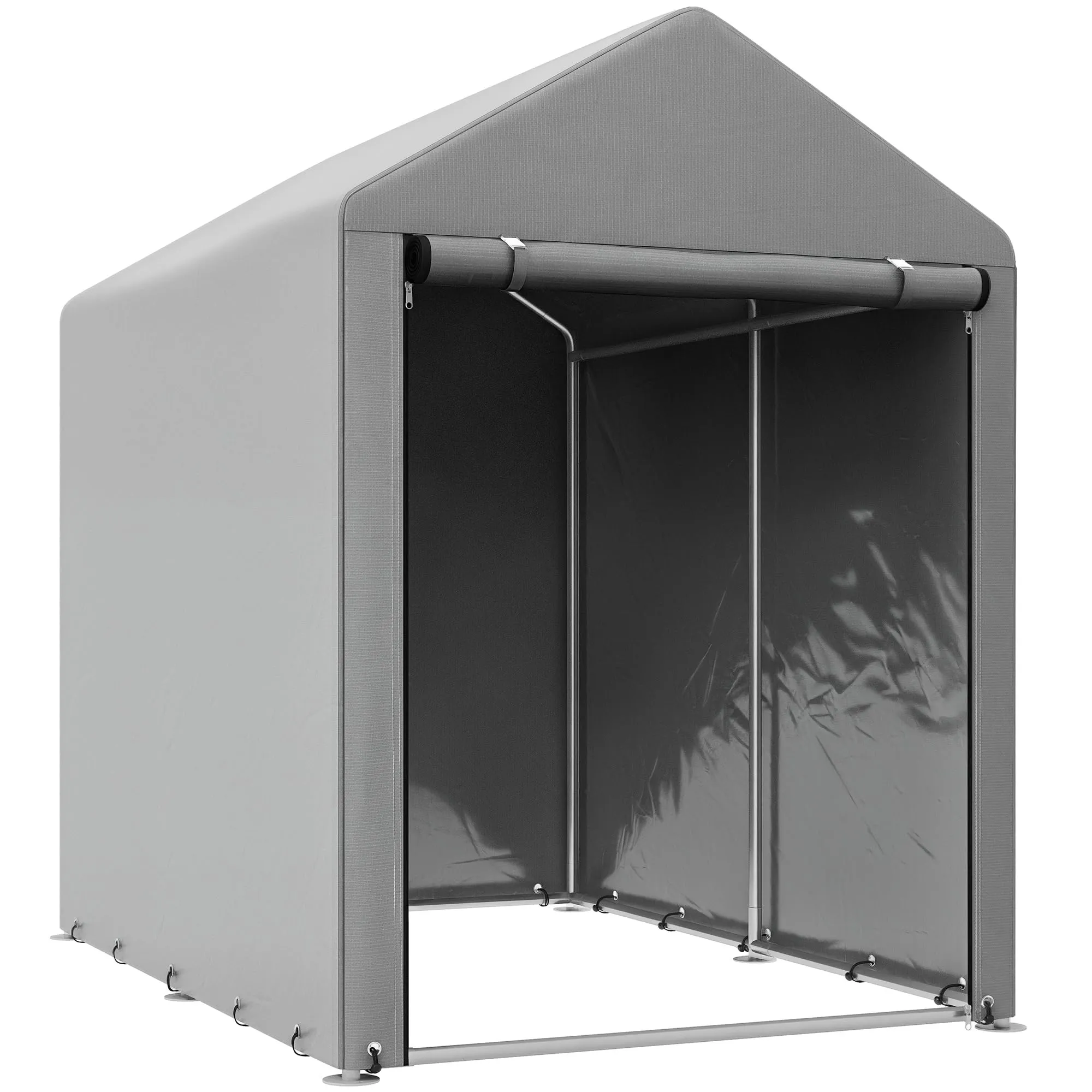 Outsunny Garage Moto per Esterno Portaoggetti Anti UV con Ingresso a Zip, Tenda Garage per Biciclette e Attrezzi in Metallo Zincato e Tessuto PE, 120x179x165 cm, Grigio Chiaro