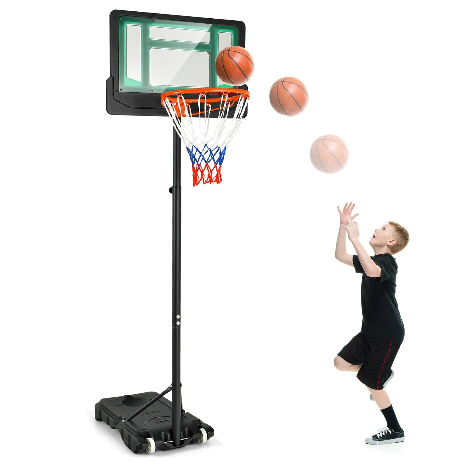 COSTWAY Canestro Basket da Interno ed Esterno Portatile e Regolabile in Altezza 90-210cm, Canestro da Basket per Bambini con Ruote, Incavo per Pallone e Tabellone Infrangibile (Verde e nero)