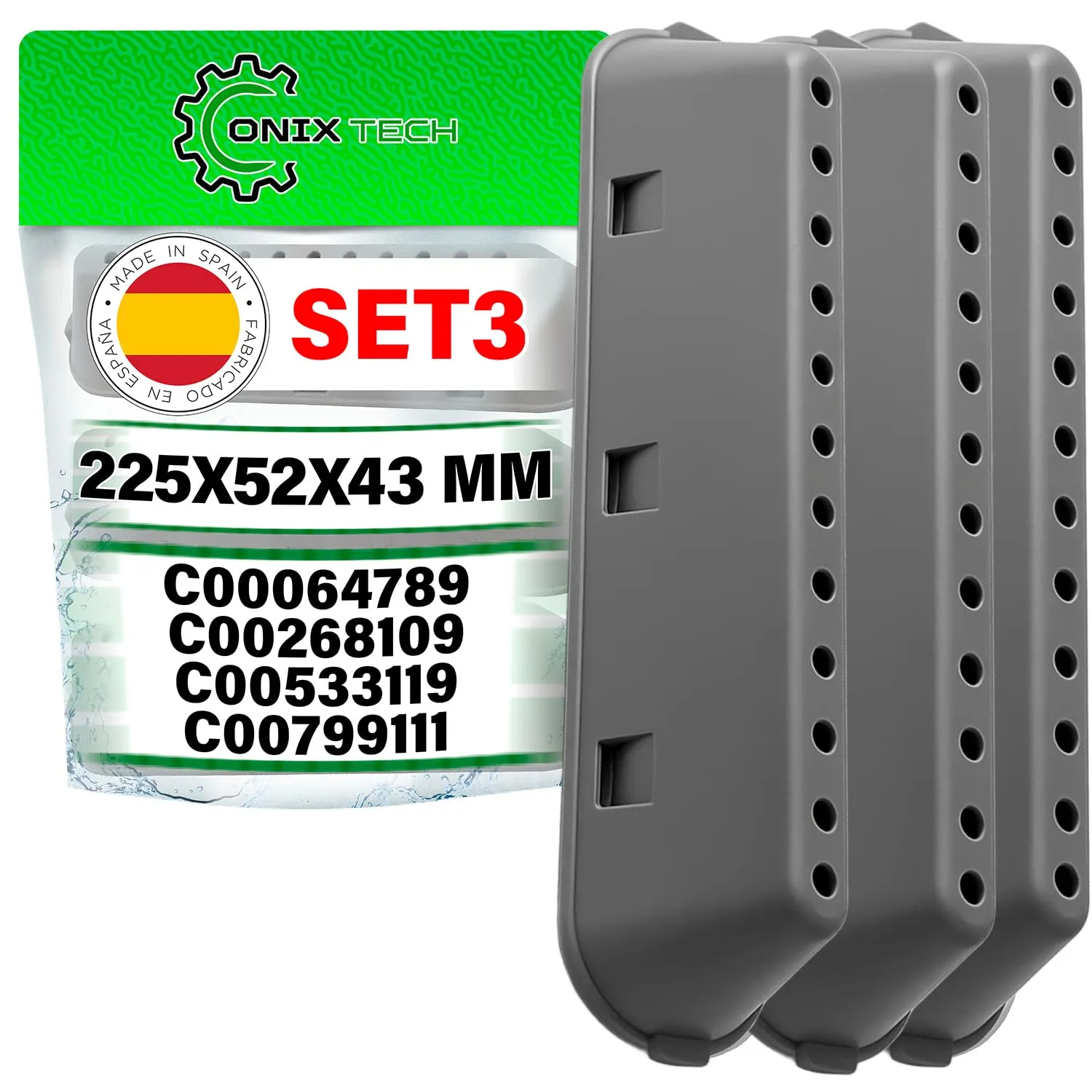 3 Pezzi Trascinatore per Tamburo Lavatrice 225x52x43 mm con Codice Originale C00064789 C00268109 C00533119 C00799111 482000023096 per Indesit per Whirlpool - MADE IN SPAIN-Garanzia di 5 Anni-ONIX TECH