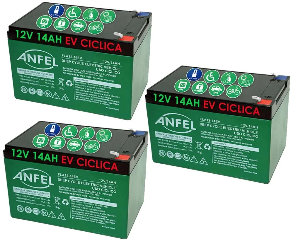 ANFEL 3 batterie Bici elettrica 12 Volt 14 ah EV 36 Volt Ciclica 6dzm CICLICA Uso CICLICO Bici Biciclette ELETTRICHE MONOPATTINI Quad ELETTRICI ELETTRICA Deep Cycle 6-DZM-14 6DZM14 6-DZM-12 6DZM12