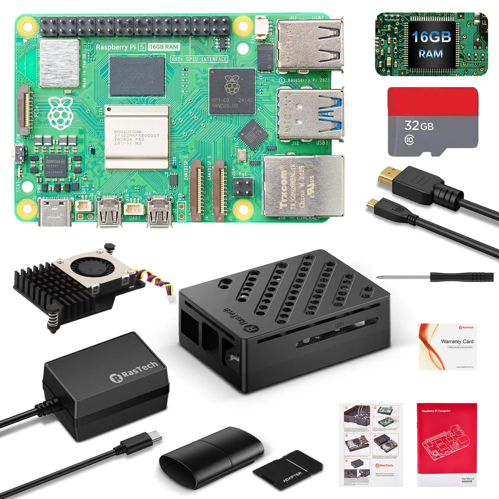 RasTech Raspberry Pi 5 16GB Starter Kit con 32GB Card Custodia Pi 5 con Active Cooler Lettore di schede Adattatore di schede Trasvite 1X Cavo HD Out e alimentatore USB C