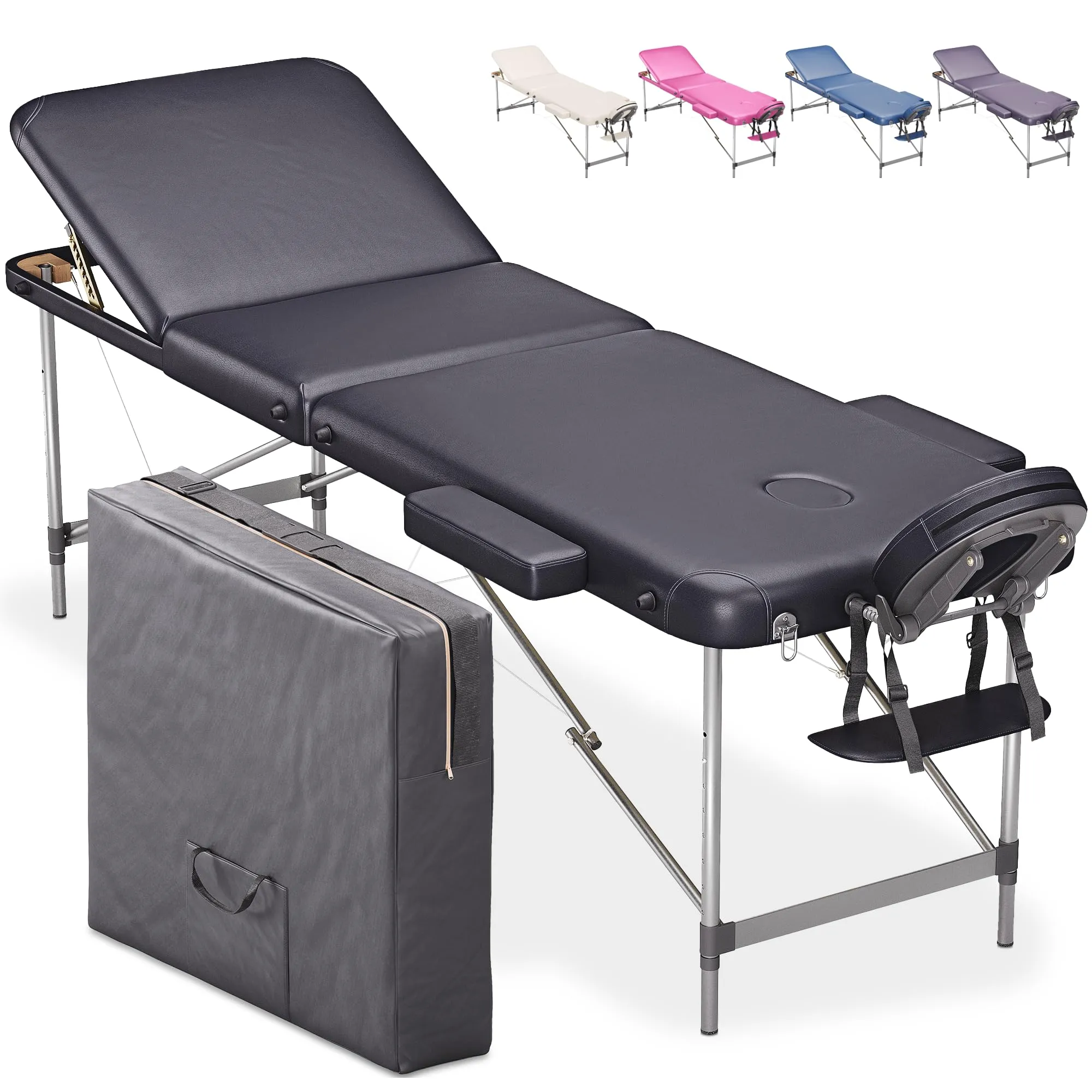 Beltom® Lettino per Massaggi 3 Zone Alluminio 195x70 Cm Portatile Pieghevole Angoli Arrotondati Rinforzati Nero