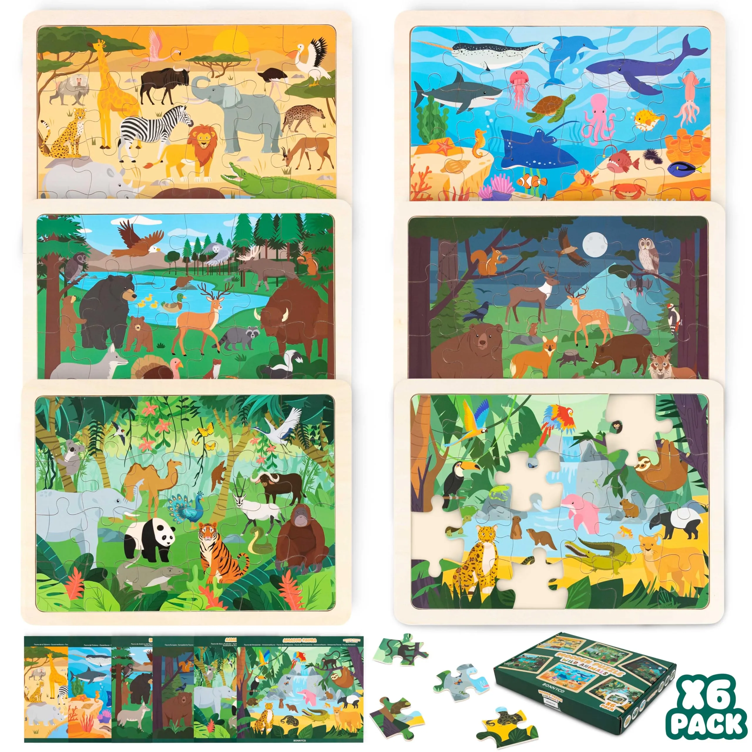BONNYCO Puzzle Legno Bambini 6 Sets 24 Pcs, Animali di Diversi Ecosistemi. Puzzle 3-8 Anni con Tavoletta, Giochi Educativi. Giocattoli, Regalo Bambino e Bambina, Natale