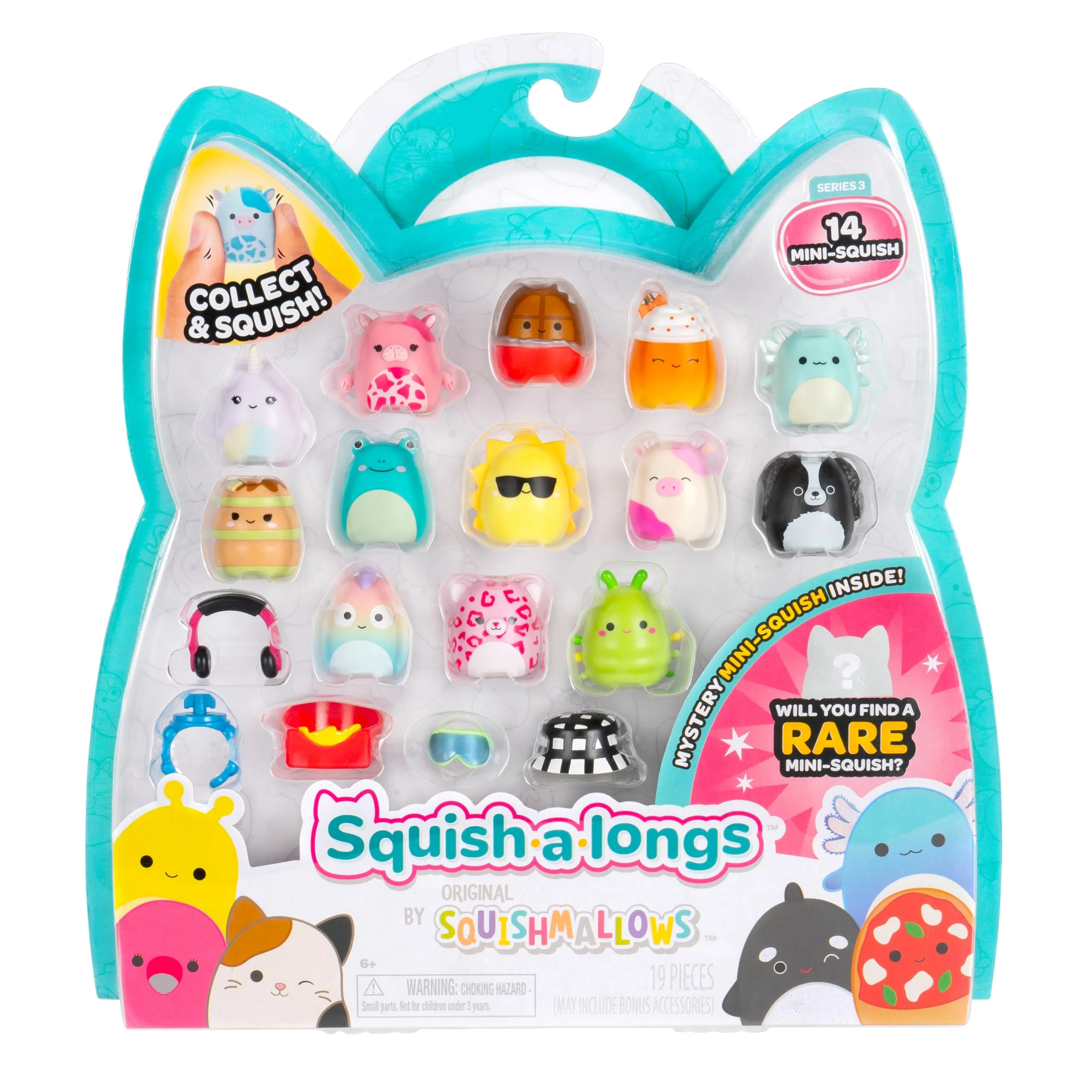 Squish-a-longs SQAL0031 – Confezione da 14 pezzi, contiene 14 x 2,5 cm Mini quish con 4 accessori, 1 x anello e 1 x guida per collezionisti (onda 3, stile 1) da collezionare, scambiare e giocare