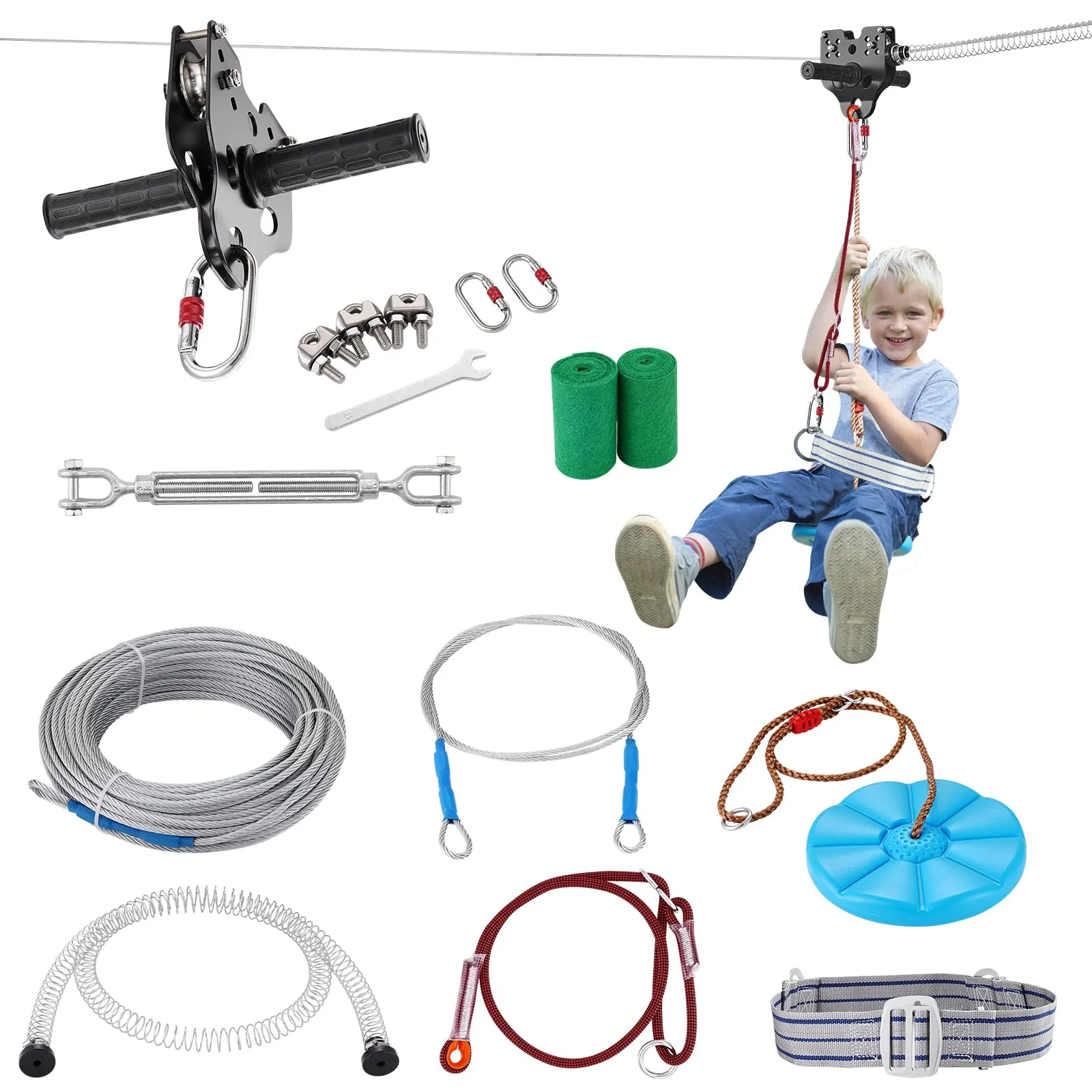 VEVOR Kit Teleferica Zipline 24,38 m da Giardino Cortile Parco Attività Esterna, Corda Scivolo con Corrimano Seduta Carico max. 226,8kg per Divertimento all'Aperto per Bambini, Kit Teleferica Sportiva