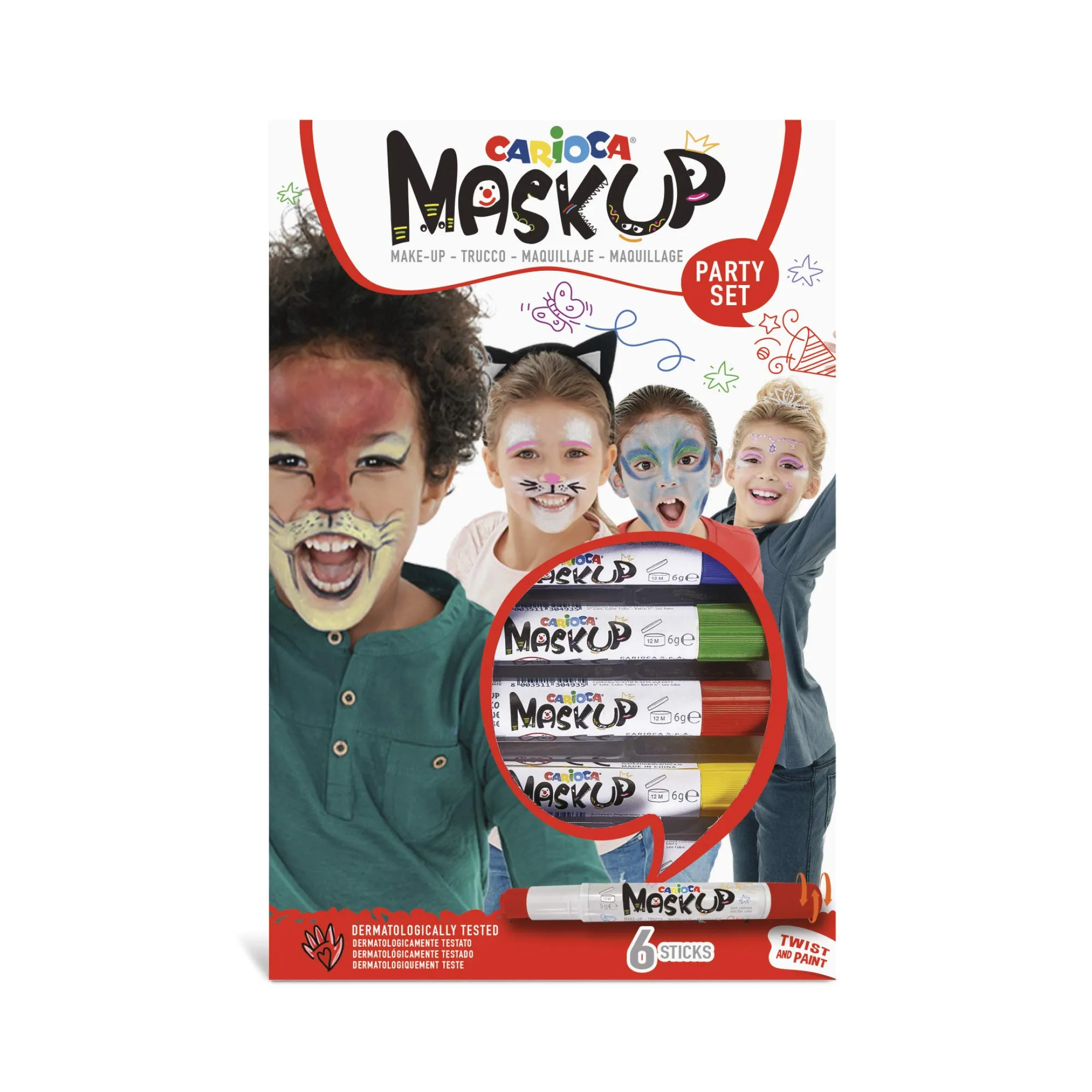 CARIOCA Mask Up Party, Truccabimbi Kit per Bambini e Bambine, Trucchi per la Pelle in Stick Ideali per Natale, Halloween, Carnevale e Feste - 6 Colori e 2 Tutorial - Dermatologicamente Testati