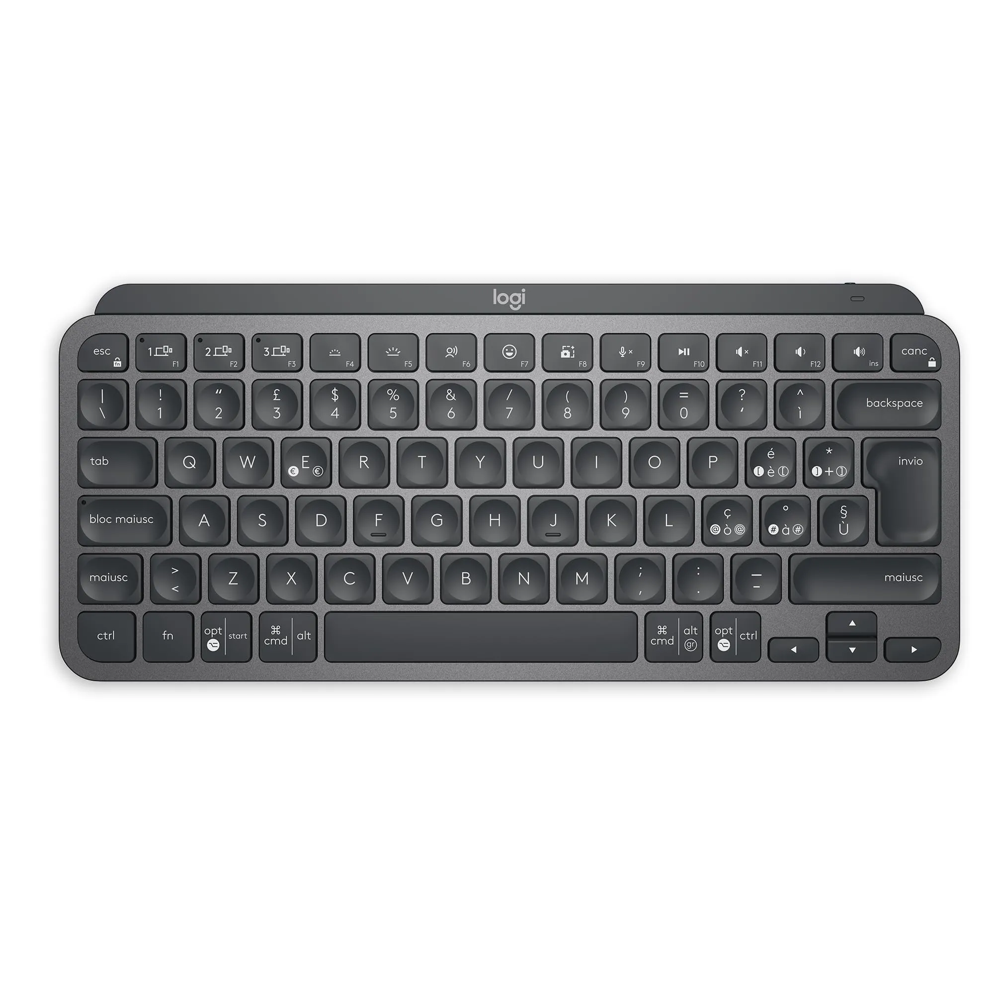 Logitech MX Keys Mini Tastiera Illuminata Wireless, Minimal, Compatta, Bluetooth, Retroilluminata, USB-C, Compatibile con Apple/macOS/iOS/Windows/Linux/Android, Layout Qwerty Italiano, Grafite