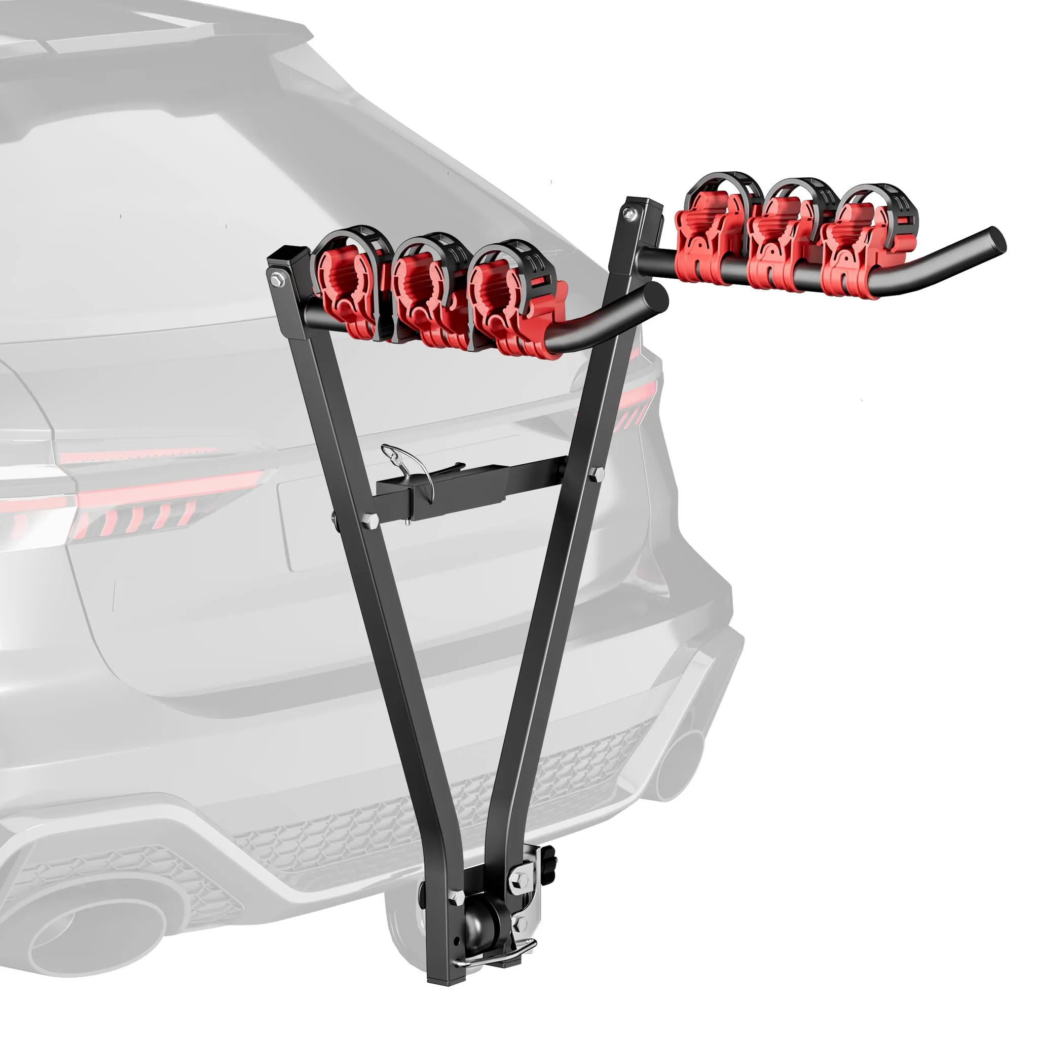 Wiltec Portabici da portellone per 3 biciclette, in acciaio, portata fino a 45 kg, universale, installazione facile, con 6 cinghie e imbottitura in schiuma, per mountain bike, bici elettriche
